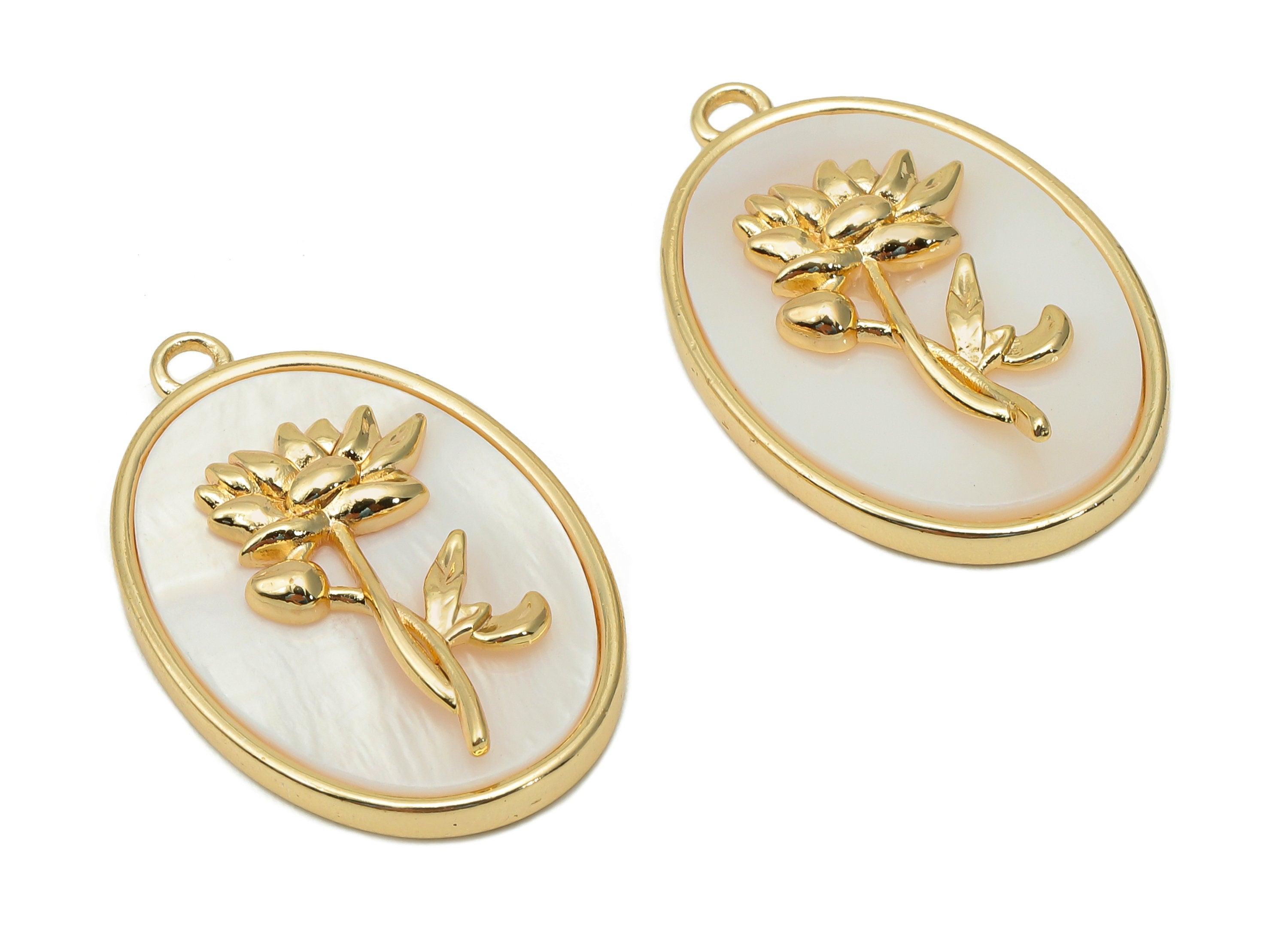 Brass Flower Shell Oval Earring - Pearl Drop Lotus Pendant - Water Lily Charm With Loop - 18K Real Gold Plating - 27.1x17.8x4.3mm - RGP5647A - DOMEDBAZAAR
