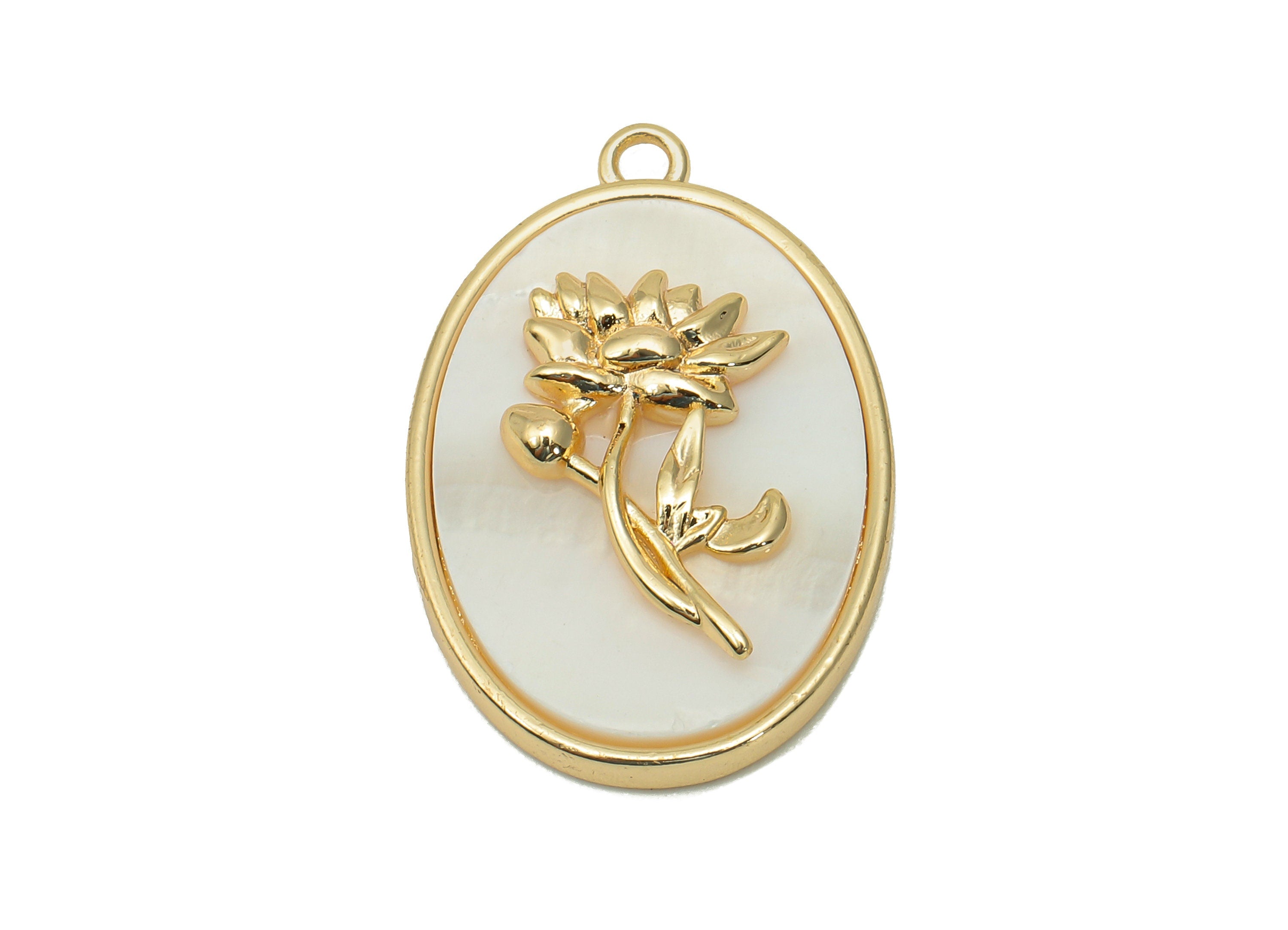 Brass Flower Shell Oval Earring - Pearl Drop Lotus Pendant - Water Lily Charm With Loop - 18K Real Gold Plating - 27.1x17.8x4.3mm - RGP5647A - DOMEDBAZAAR