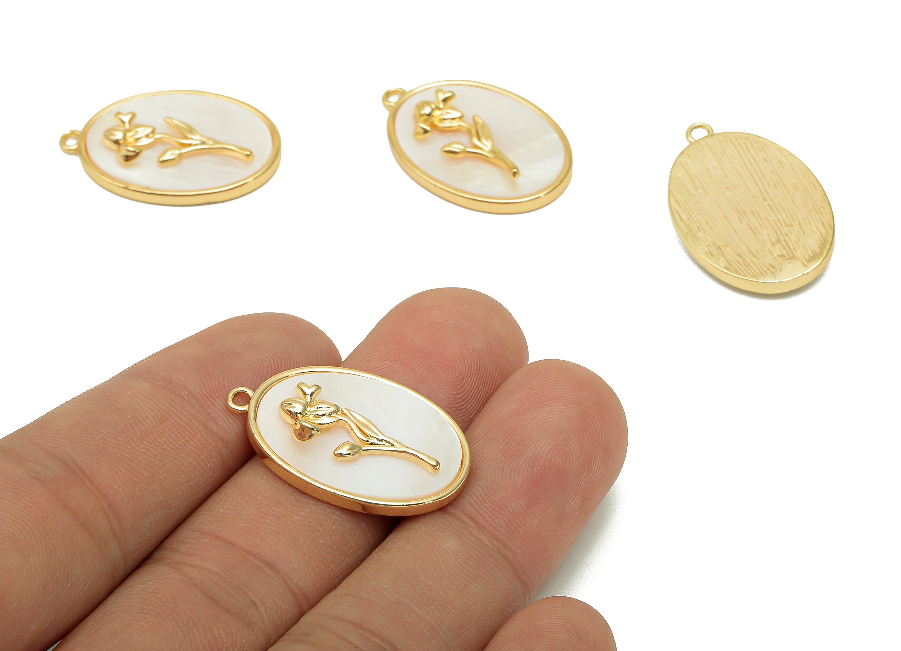 Brass Flower Shell Oval Earring - Pearl Drop Iris Pendant - Necklace Charm With Loop - 18K Real Gold Plating - 27.1x17.8x4.3mm - RGP5647B - DOMEDBAZAAR