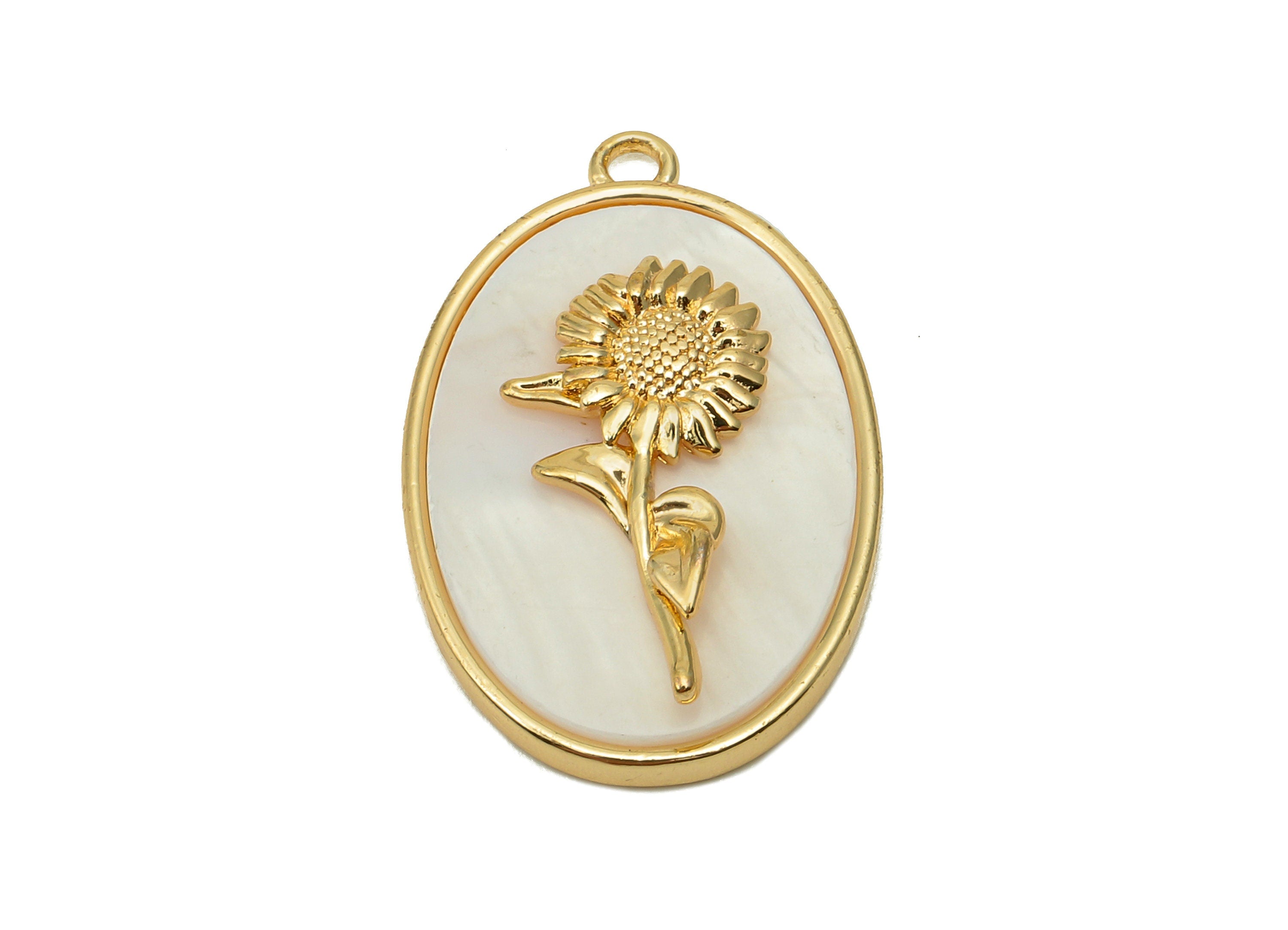 Brass Flower Shell Oval Earring - Pearl Drop Daisy Pendant - Necklace Charm With Loop - 18K Real Gold Plating - 27.1x17.8x4.3mm - RGP5647F - DOMEDBAZAAR
