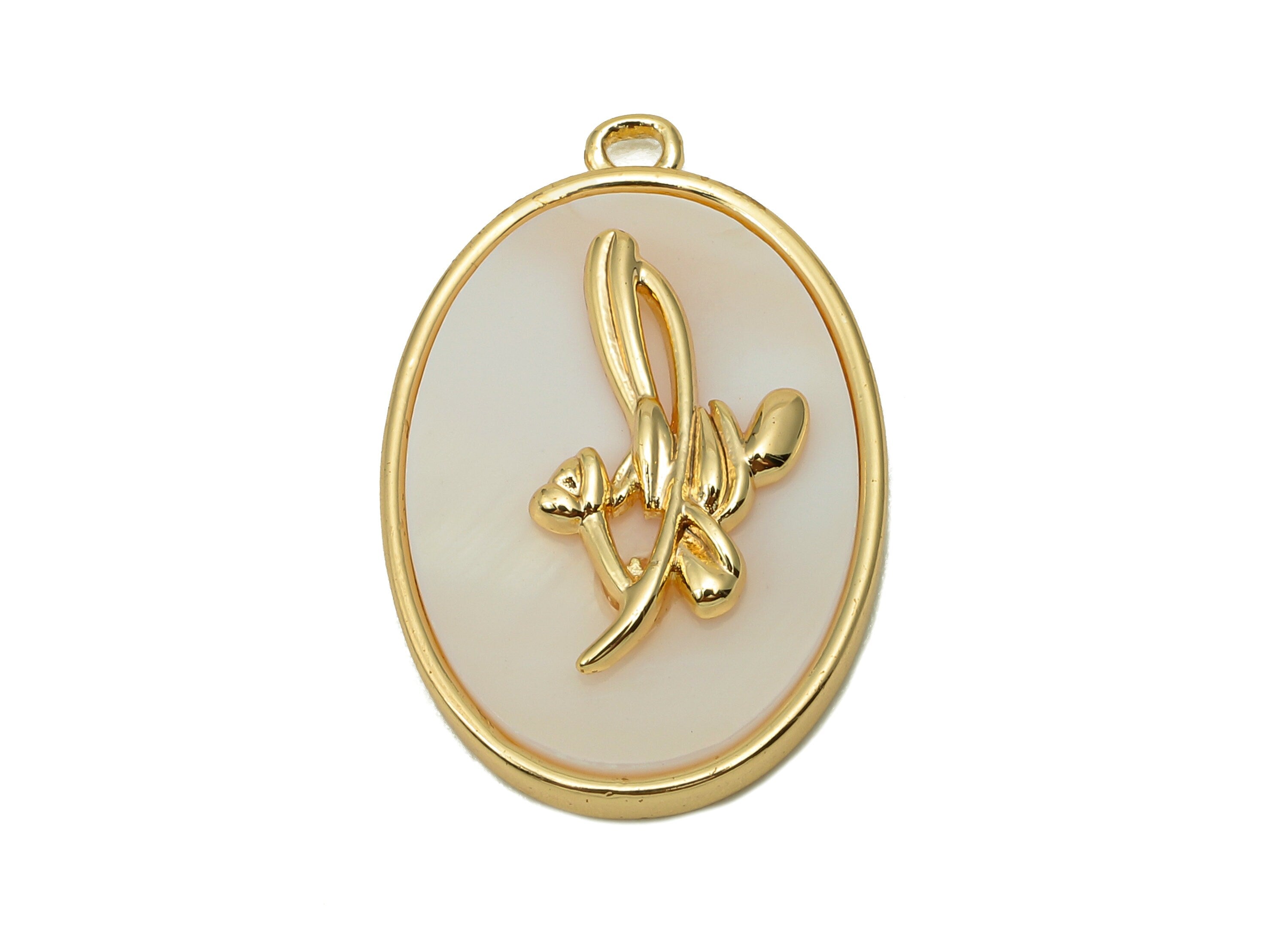 Brass Flower Shell Oval Earring - Pearl Drop Snowdrop Pendant - Necklace Charm With Loop - 18K Real Gold Plating - 27.1x17.8x4.3mm -RGP5647H - DOMEDBAZAAR
