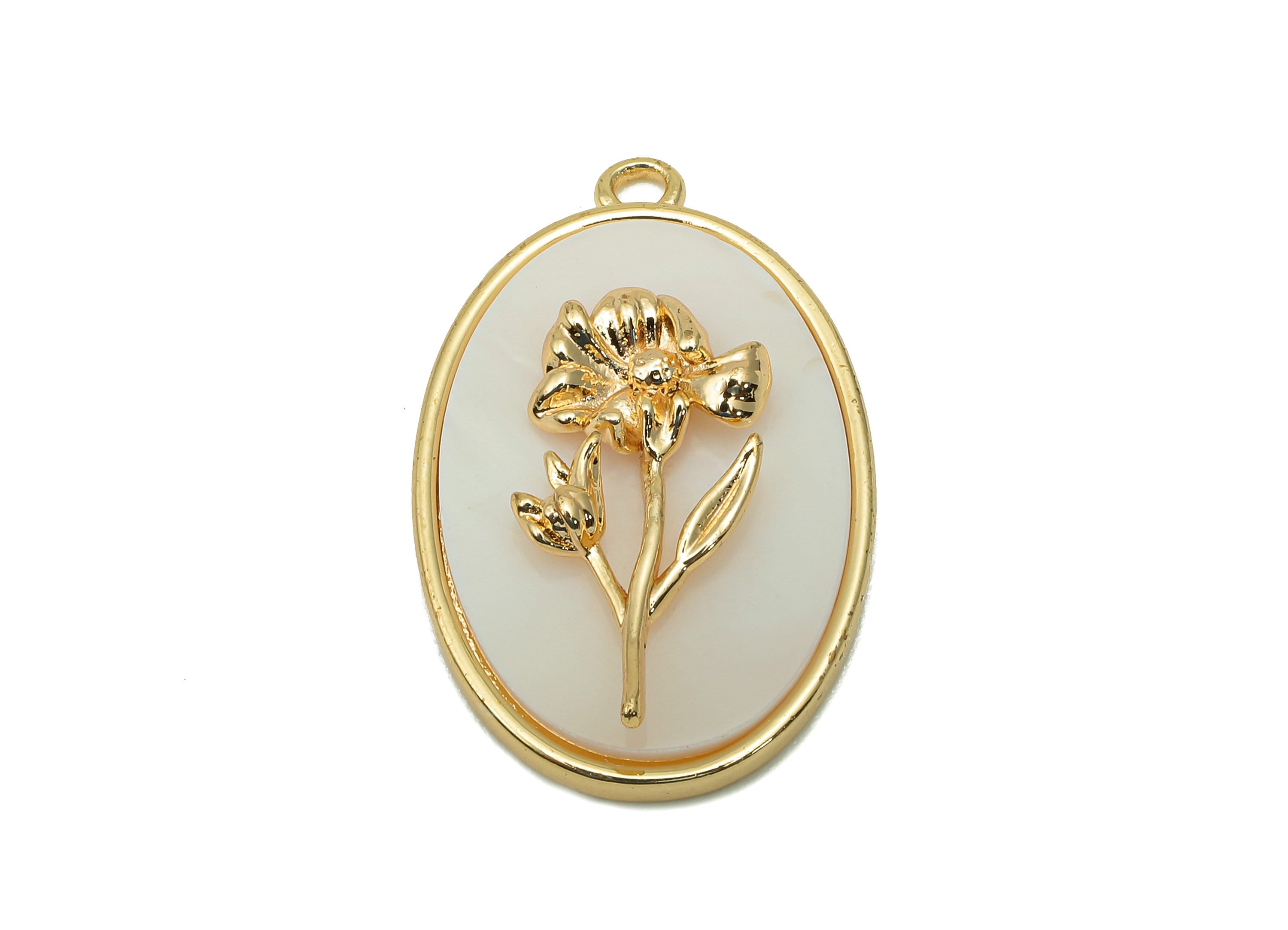 Brass Flower Shell Oval Earring - Pearl Drop Marigold Pendant - Necklace Charm With Loop - 18K Real Gold Plating - 27.1x17.8x4.3mm -RGP5647K - DOMEDBAZAAR