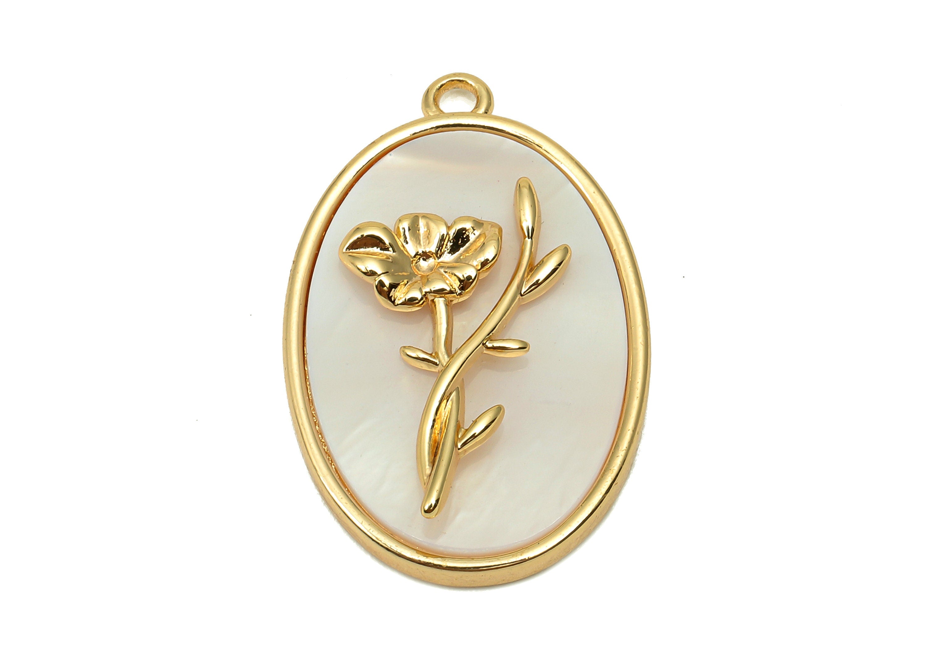 Brass Flower Shell Oval Earring - Pearl Drop Poppy Pendant - Necklace Charm With Loop - 18K Real Gold Plating - 27.1x17.8x4.3mm - RGP5647J - DOMEDBAZAAR
