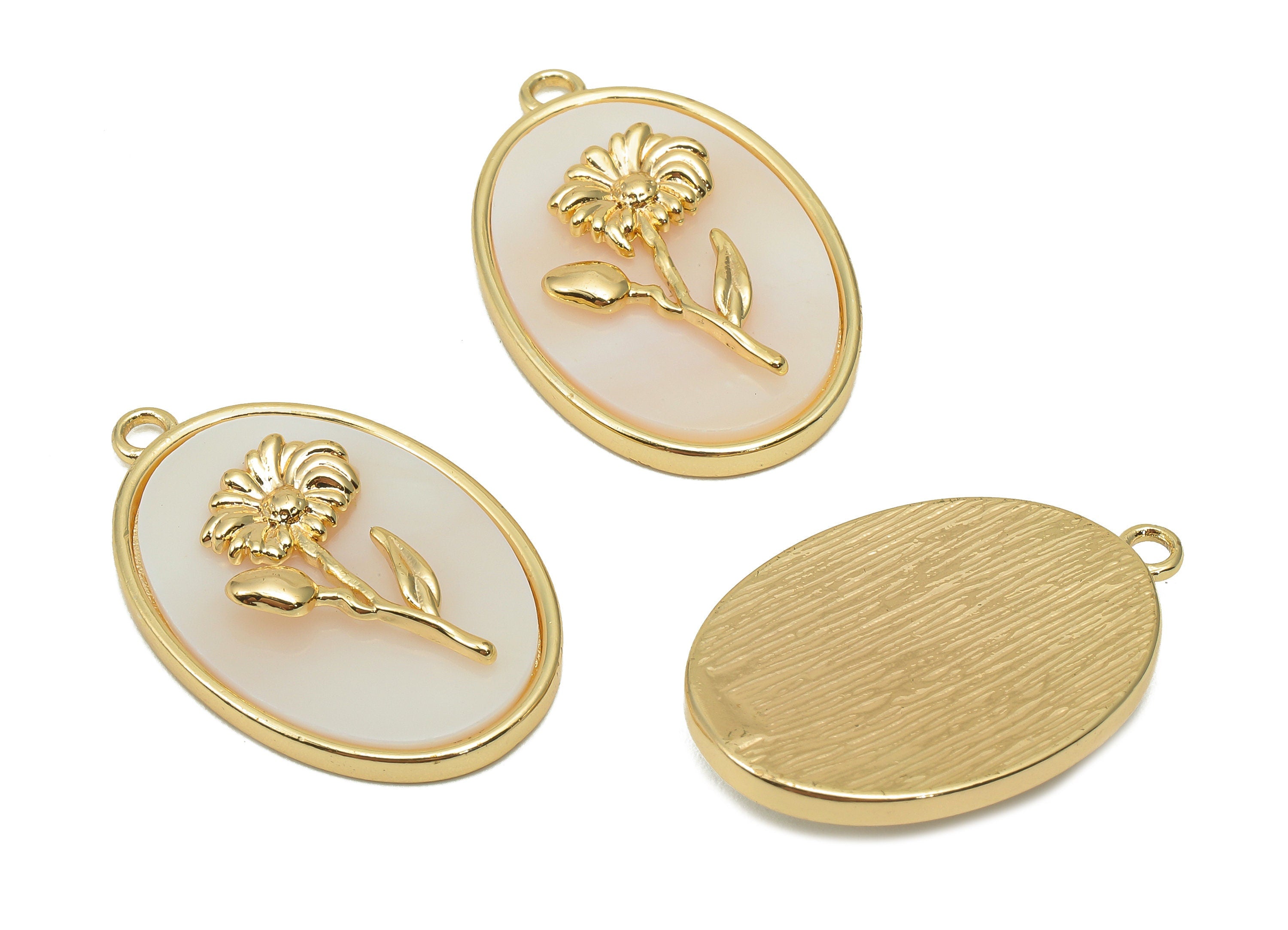 Brass Flower Shell Oval Earring - Pearl Drop Aster Pendant - Necklace Charm With Loop - 18K Real Gold Plating - 27.1x17.8x4.3mm - RGP5647D - DOMEDBAZAAR