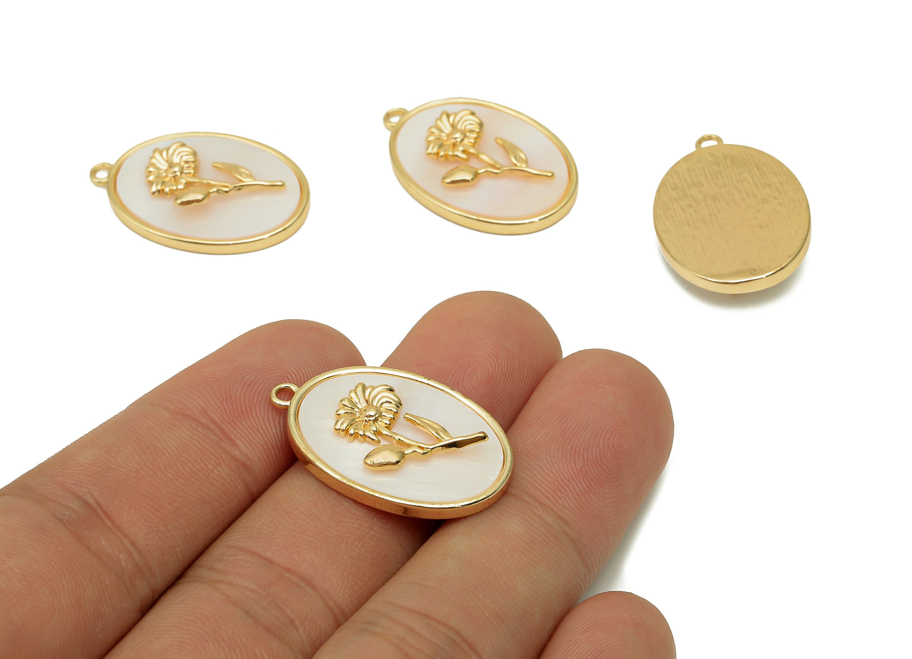 Brass Flower Shell Oval Earring - Pearl Drop Aster Pendant - Necklace Charm With Loop - 18K Real Gold Plating - 27.1x17.8x4.3mm - RGP5647D - DOMEDBAZAAR