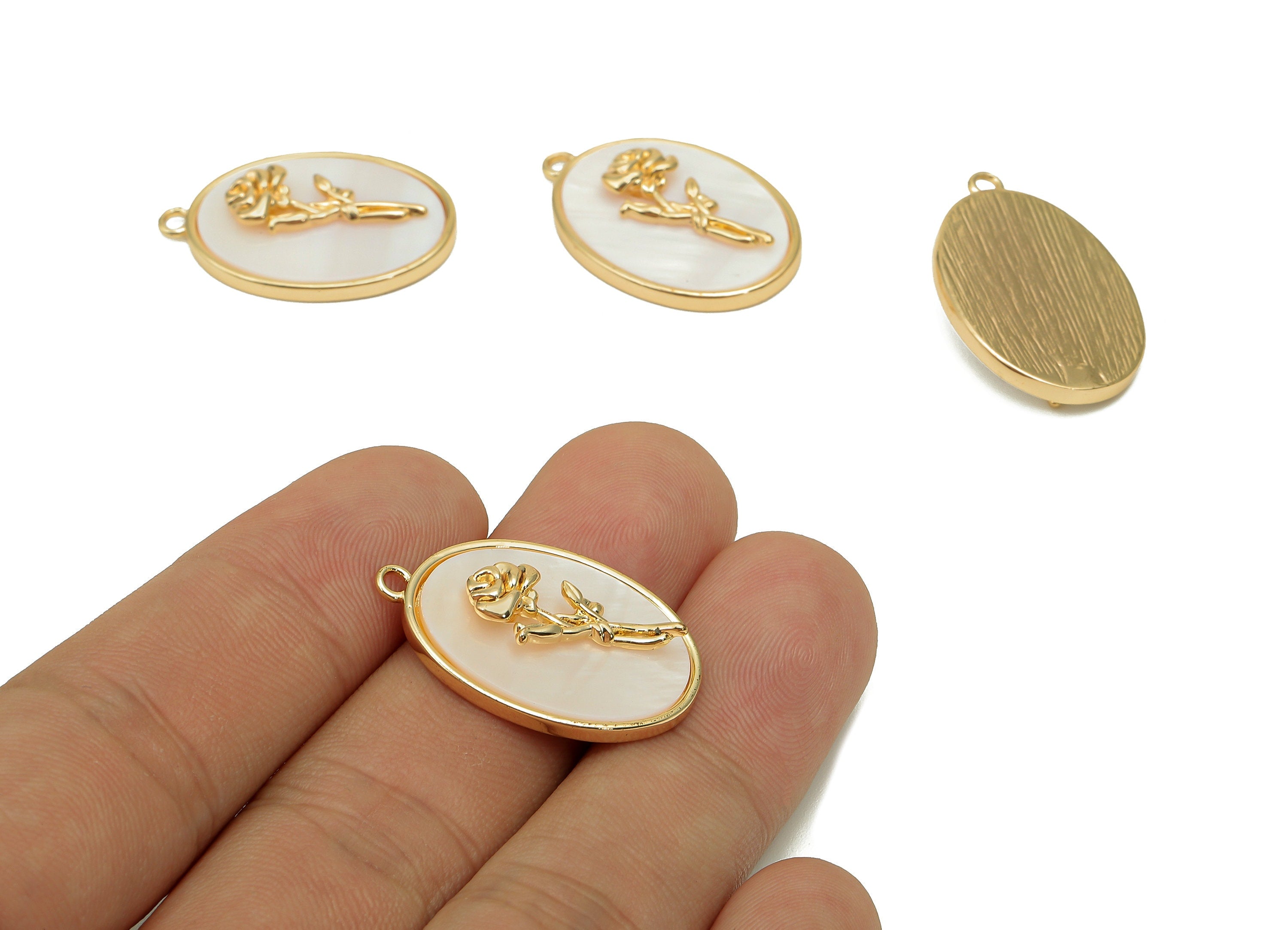 Brass Flower Shell Oval Earring - Pearl Drop Rose Pendant - Necklace Charm With Loop - 18K Real Gold Plating - 27.1x17.8x4.3mm - RGP5647G - DOMEDBAZAAR