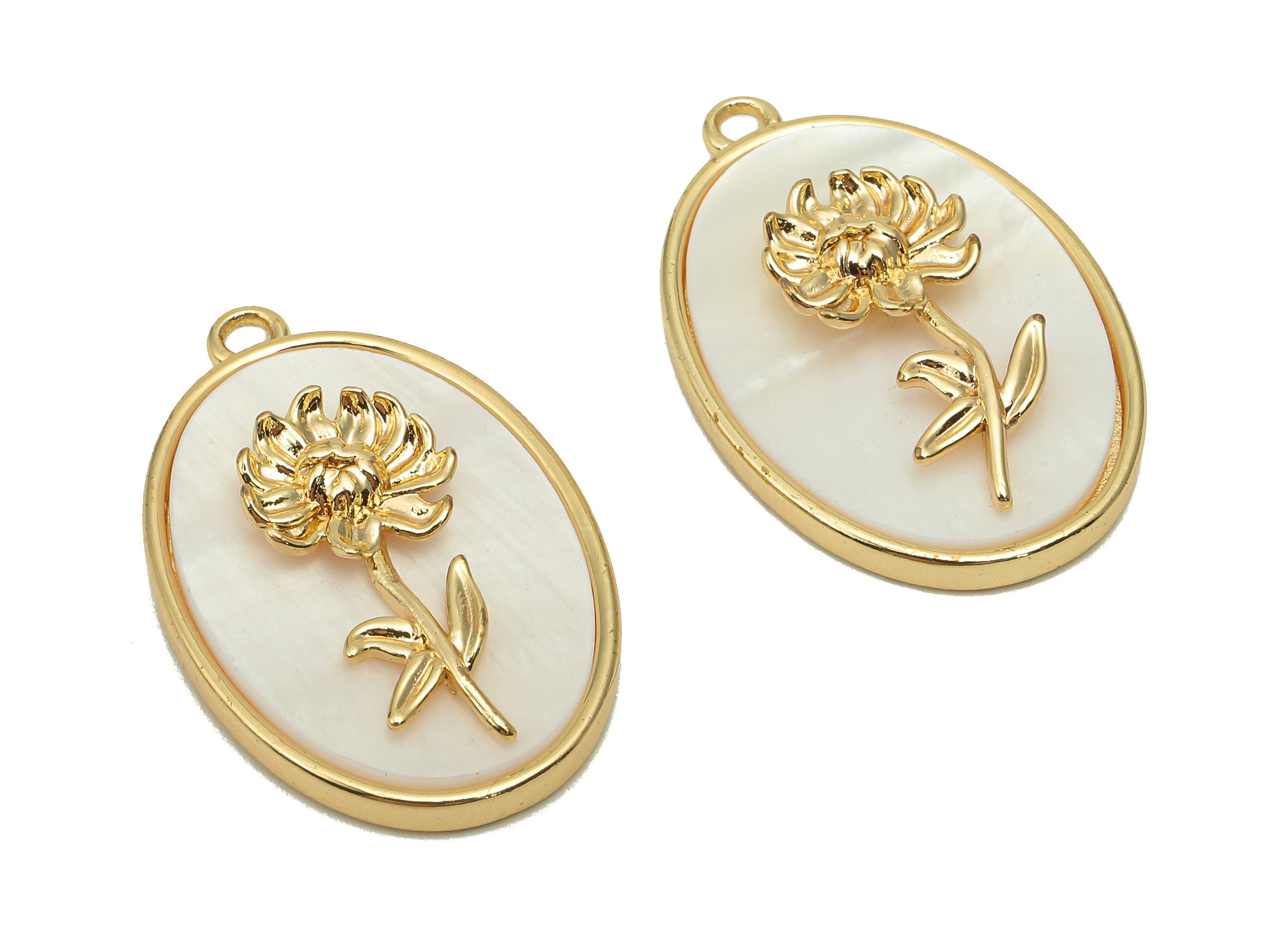 Brass Flower Shell Oval Earring - Pearl Drop Chrysanthemum Pendant - Charm With Loop - 18K Real Gold Plating - 27.1x17.8x4.3mm - RGP5647L - DOMEDBAZAAR