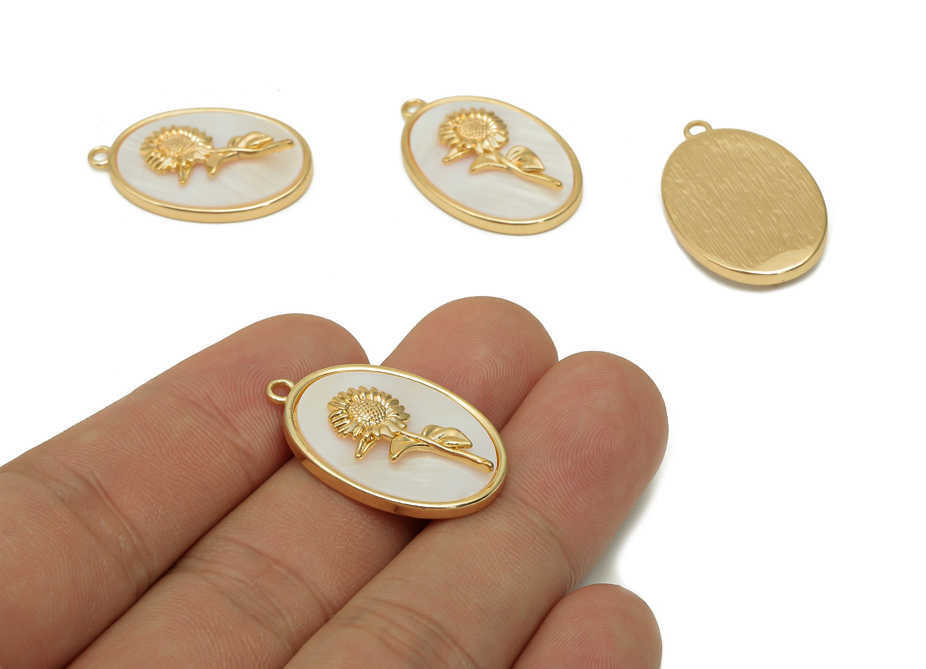 Brass Flower Shell Oval Earring - Pearl Drop Daisy Pendant - Necklace Charm With Loop - 18K Real Gold Plating - 27.1x17.8x4.3mm - RGP5647F - DOMEDBAZAAR