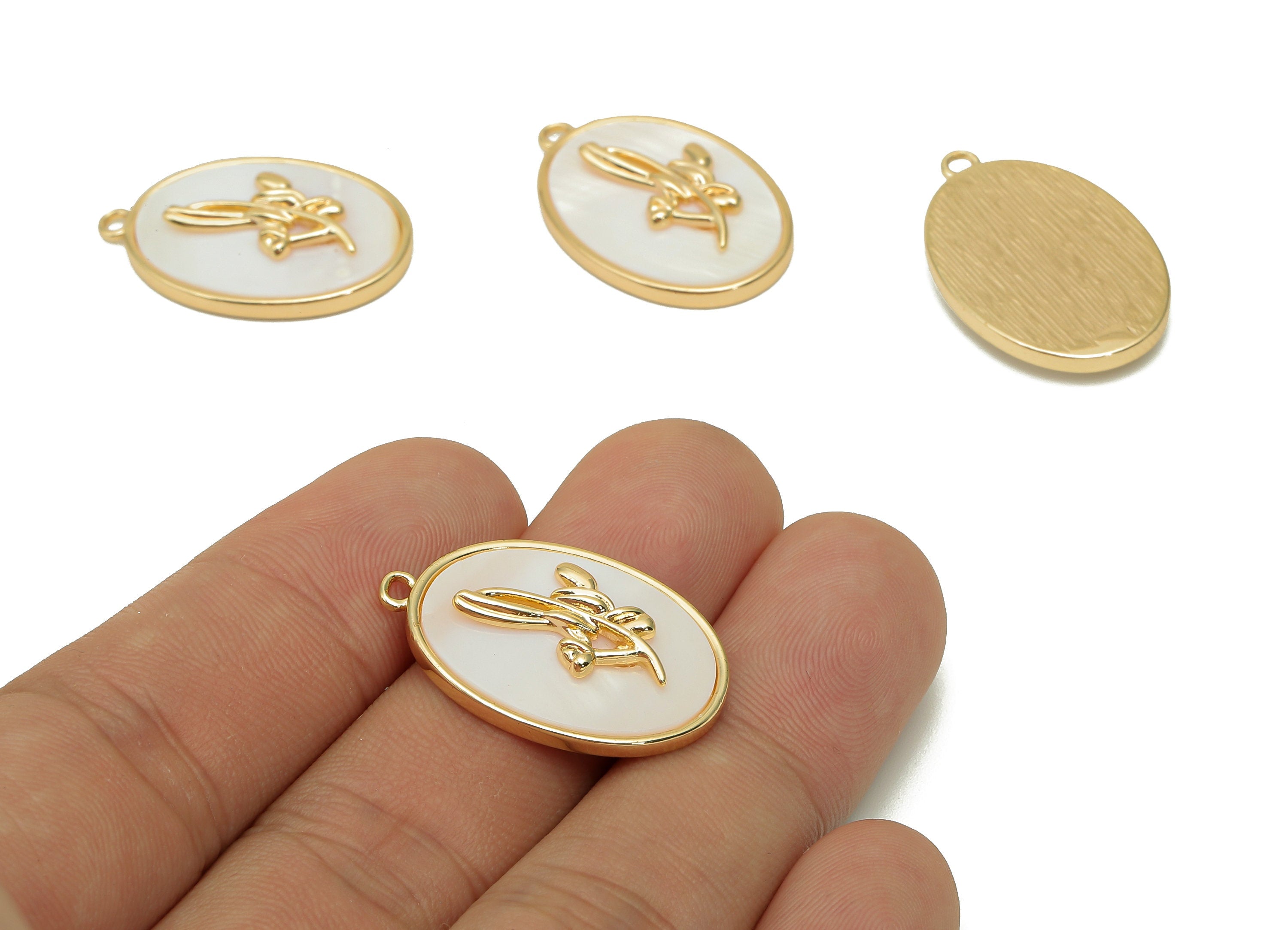 Brass Flower Shell Oval Earring - Pearl Drop Snowdrop Pendant - Necklace Charm With Loop - 18K Real Gold Plating - 27.1x17.8x4.3mm -RGP5647H - DOMEDBAZAAR