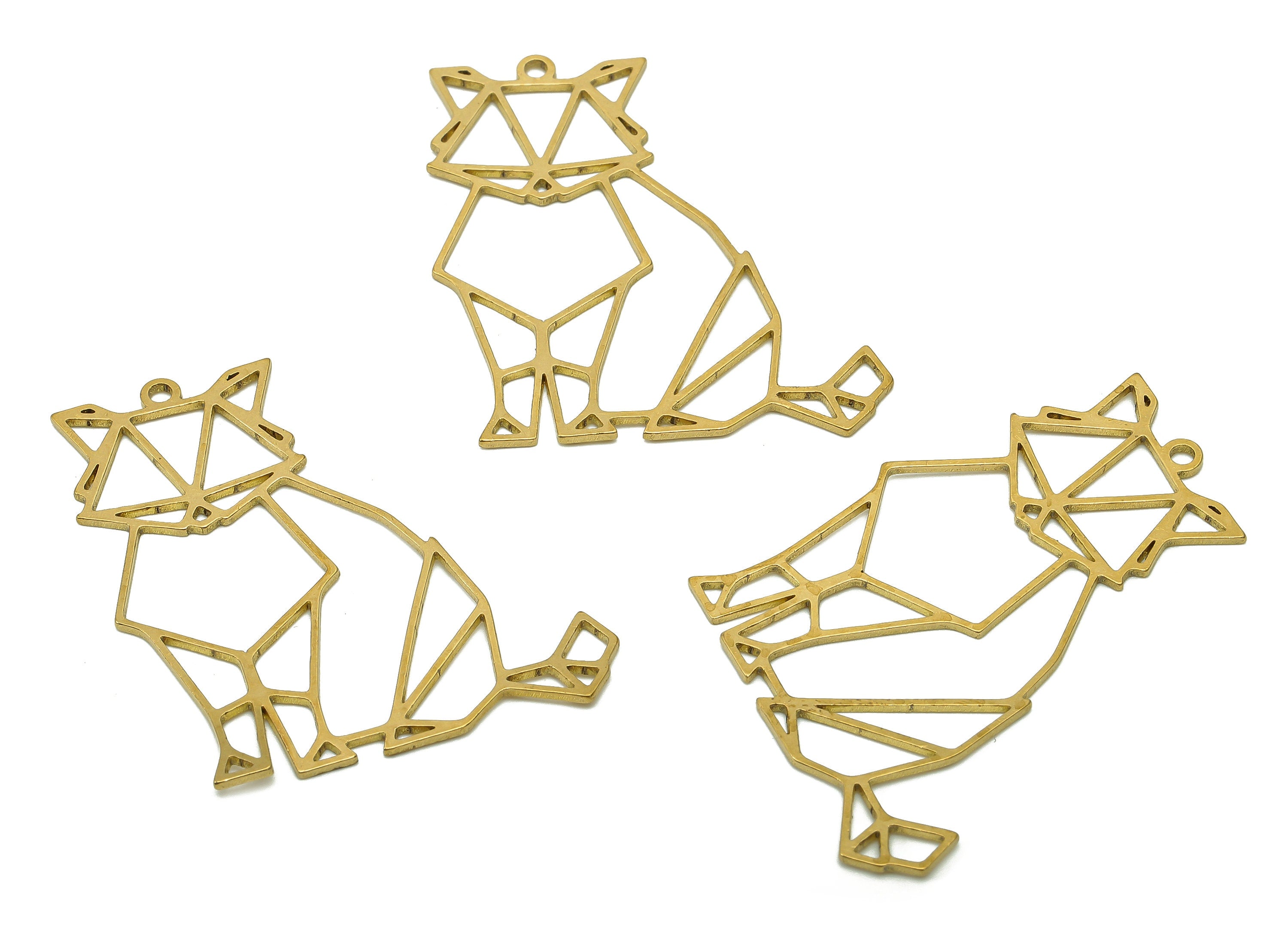 Brass Cat Earring Charms - Raw Brass Geometry Earring - Cat Hollow Pendant With Loop - Animal Charm For Necklace - 37.3x29.5x0.8mm - PPA6485 - DOMEDBAZAAR