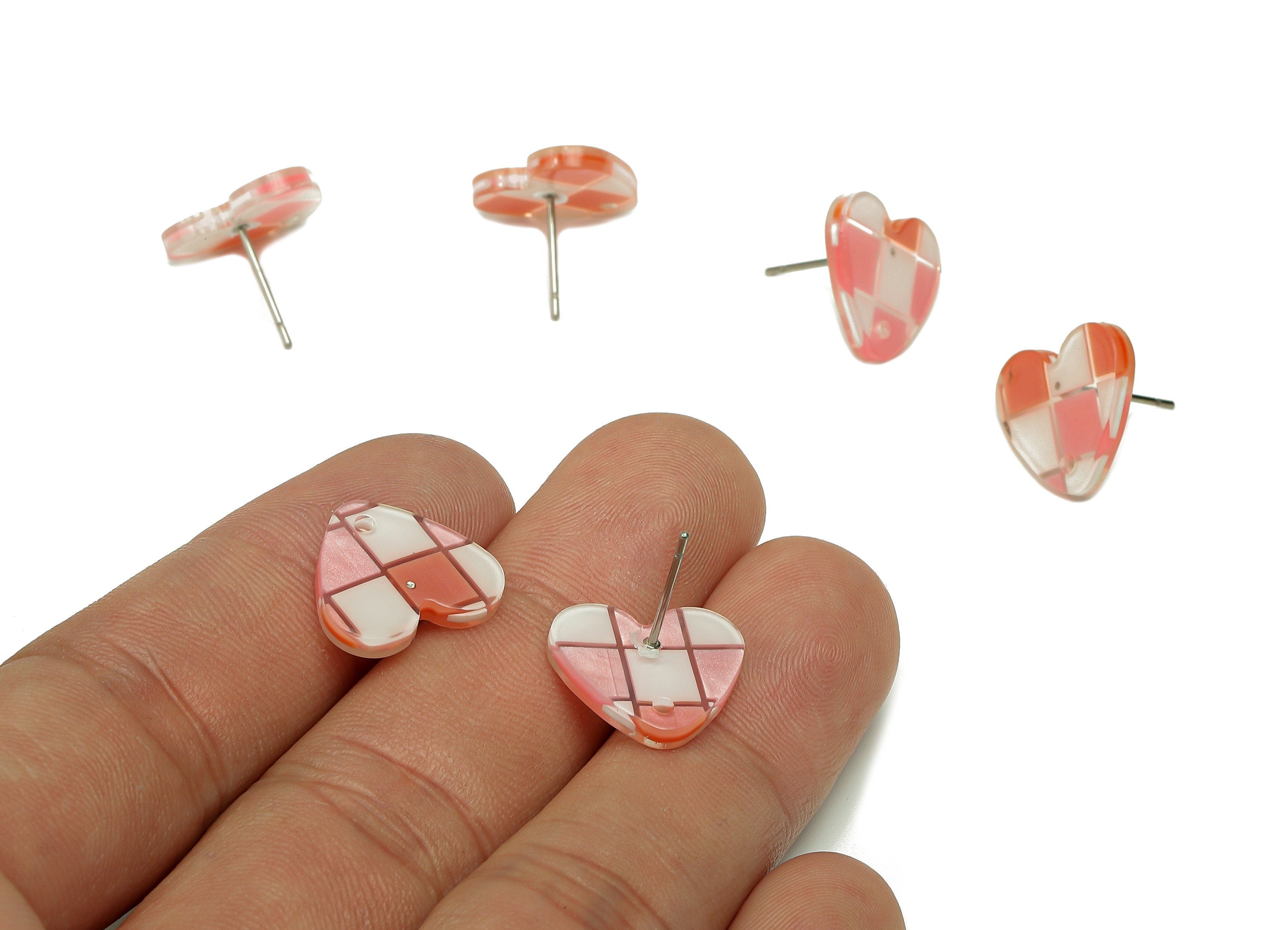 PVC Heart Earring Post - Pink & White Checkered Stud Earring With Hole - 316 Stainless Steel - Color Code: A856 -15.3x13.7x2.3mm-AC2528-A856 - DOMEDBAZAAR