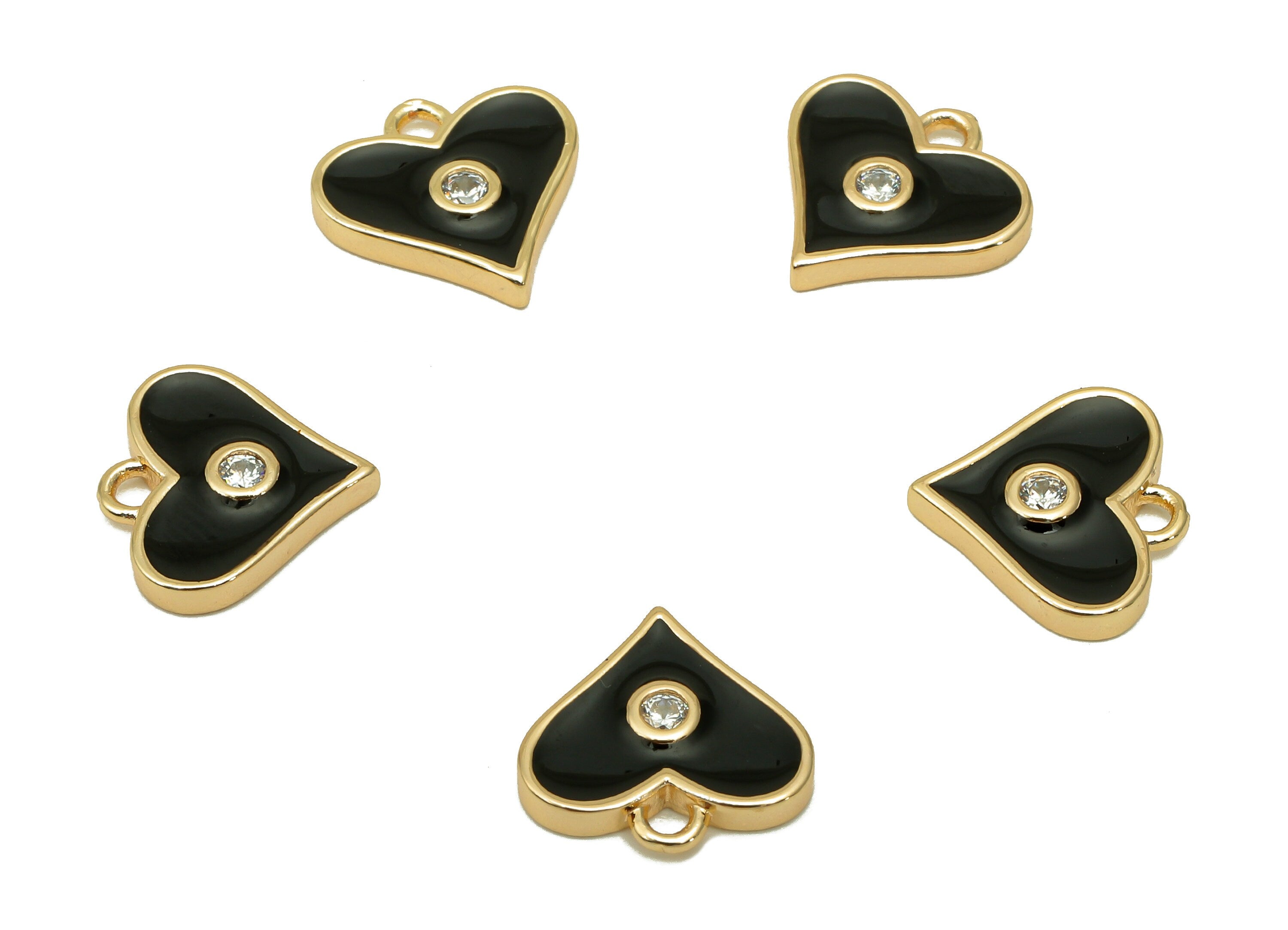 Brass Black Mini Heart Earring Charm - Zircon Dots Enamel Heart Earring - Pendant With Loop - 18K Real Gold Plating - 11.4x11.8x2mm-RGP5650A - DOMEDBAZAAR