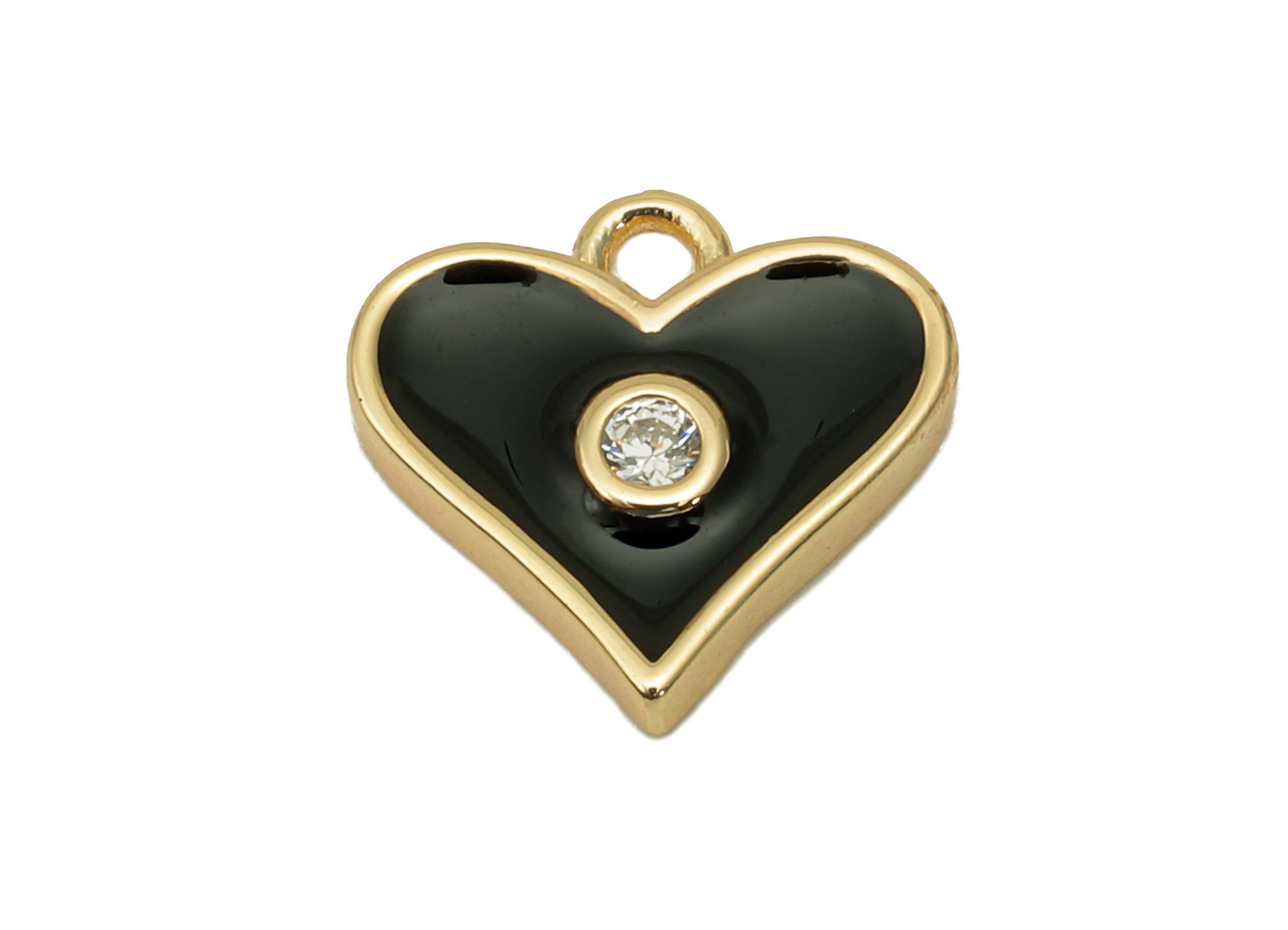 Brass Black Mini Heart Earring Charm - Zircon Dots Enamel Heart Earring - Pendant With Loop - 18K Real Gold Plating - 11.4x11.8x2mm-RGP5650A - DOMEDBAZAAR