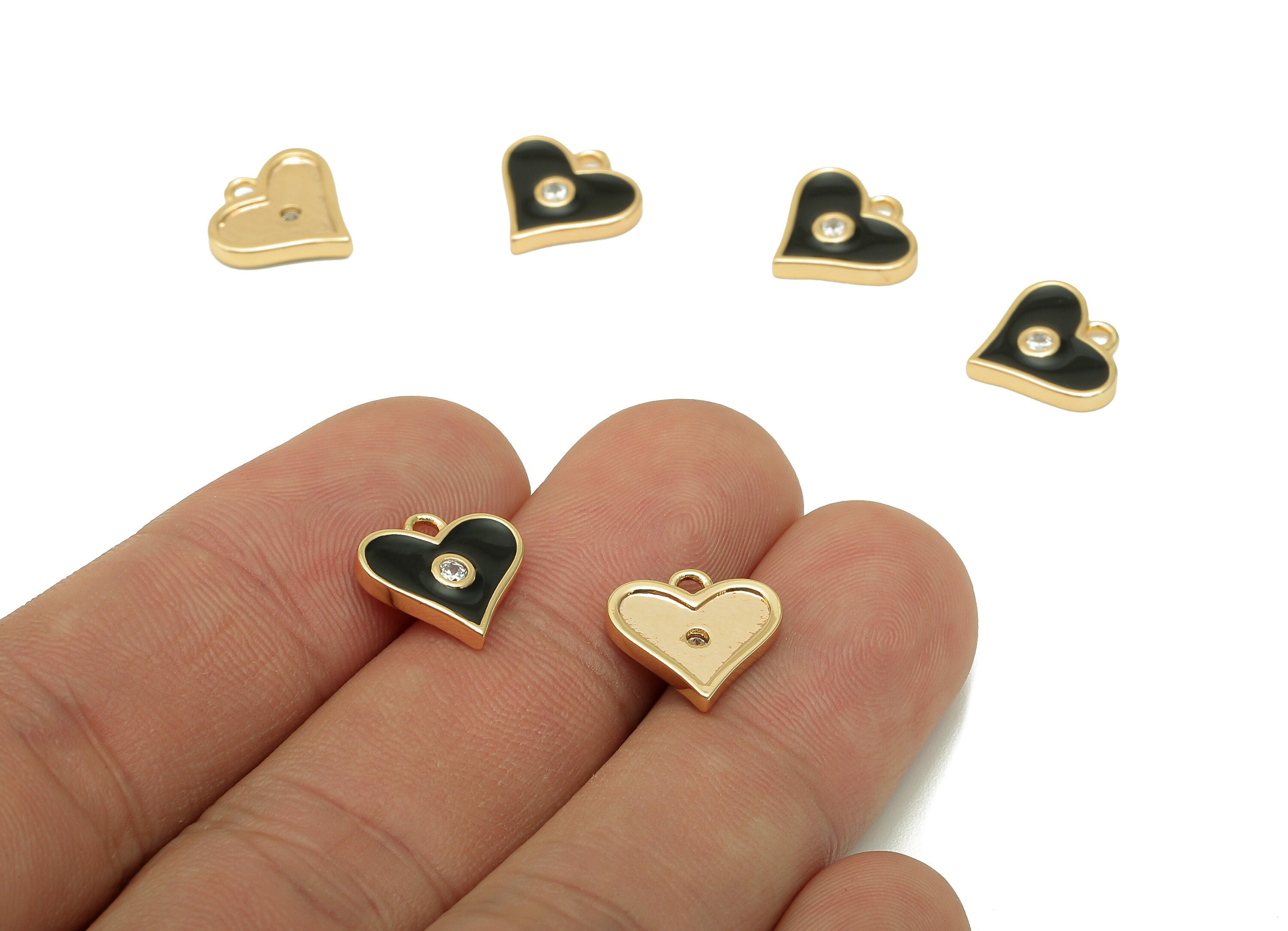 Brass Black Mini Heart Earring Charm - Zircon Dots Enamel Heart Earring - Pendant With Loop - 18K Real Gold Plating - 11.4x11.8x2mm-RGP5650A - DOMEDBAZAAR