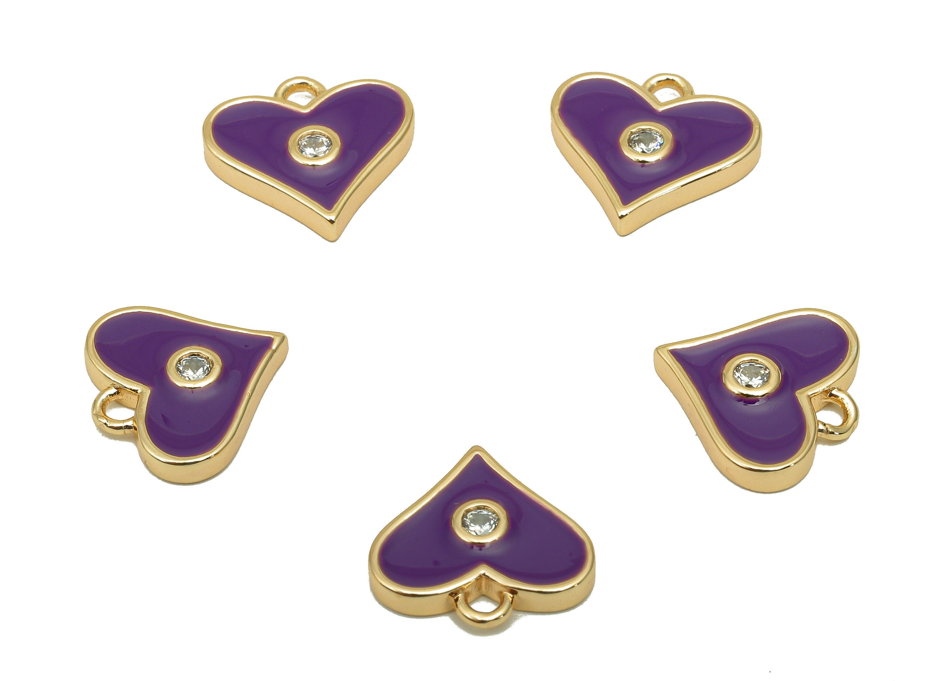 Brass Purple Mini Heart Earring Charm - Zircon Dot Enamel Heart Earring - Pendant With Loop - 18K Real Gold Plating - 11.4x11.8x2mm-RGP5650B - DOMEDBAZAAR