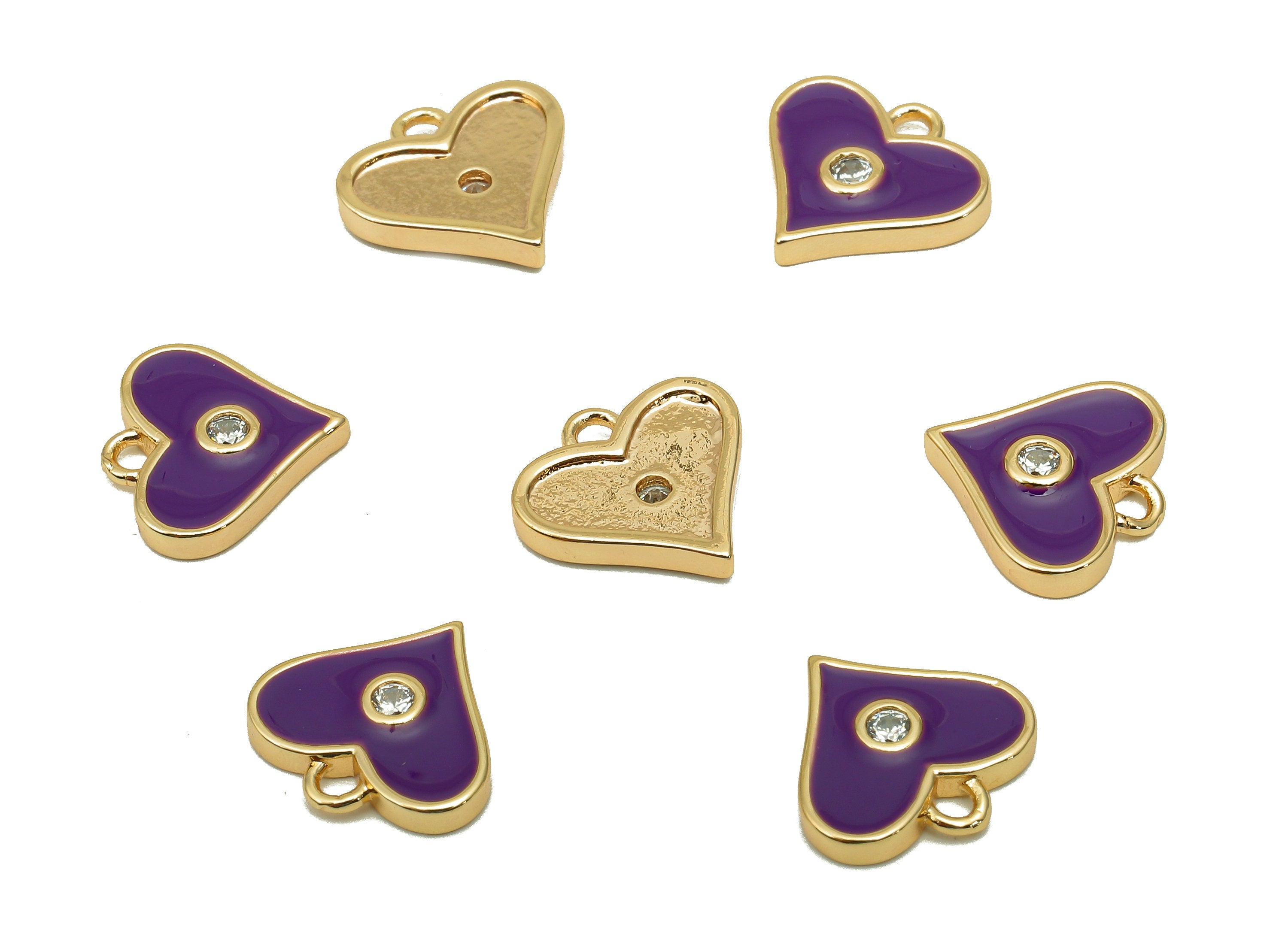 Brass Purple Mini Heart Earring Charm - Zircon Dot Enamel Heart Earring - Pendant With Loop - 18K Real Gold Plating - 11.4x11.8x2mm-RGP5650B - DOMEDBAZAAR