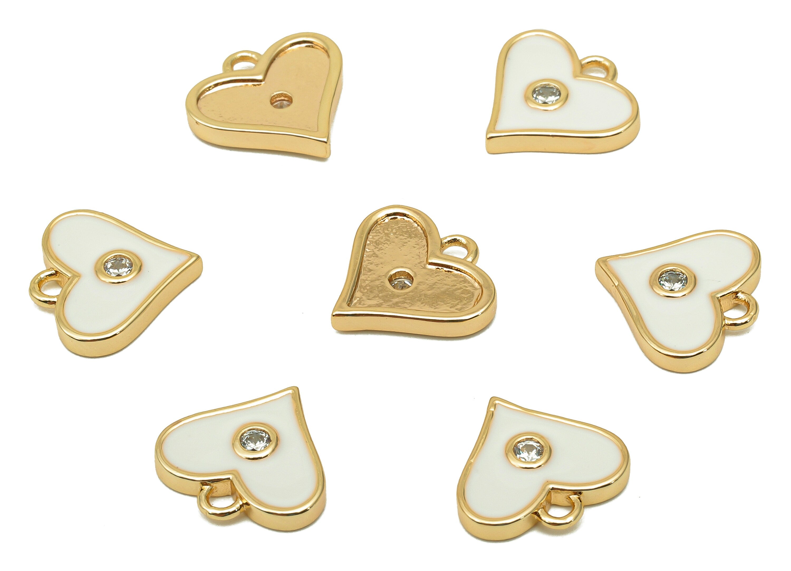 Brass White Mini Heart Earring Charm - Zircon Dots Enamel Heart Earring - Pendant With Loop - 18K Real Gold Plating - 11.4x11.8x2mm-RGP5650C - DOMEDBAZAAR