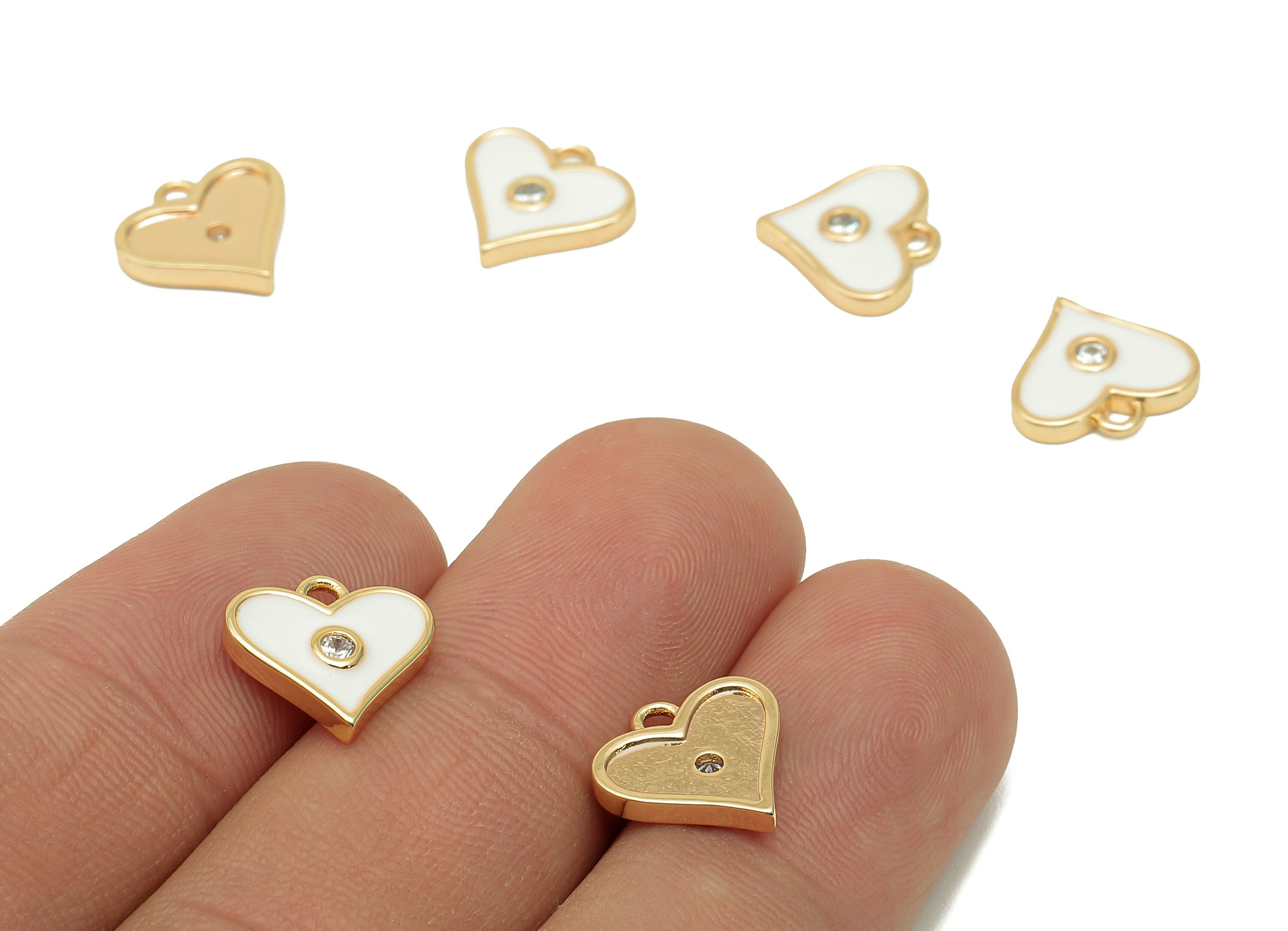 Brass White Mini Heart Earring Charm - Zircon Dots Enamel Heart Earring - Pendant With Loop - 18K Real Gold Plating - 11.4x11.8x2mm-RGP5650C - DOMEDBAZAAR