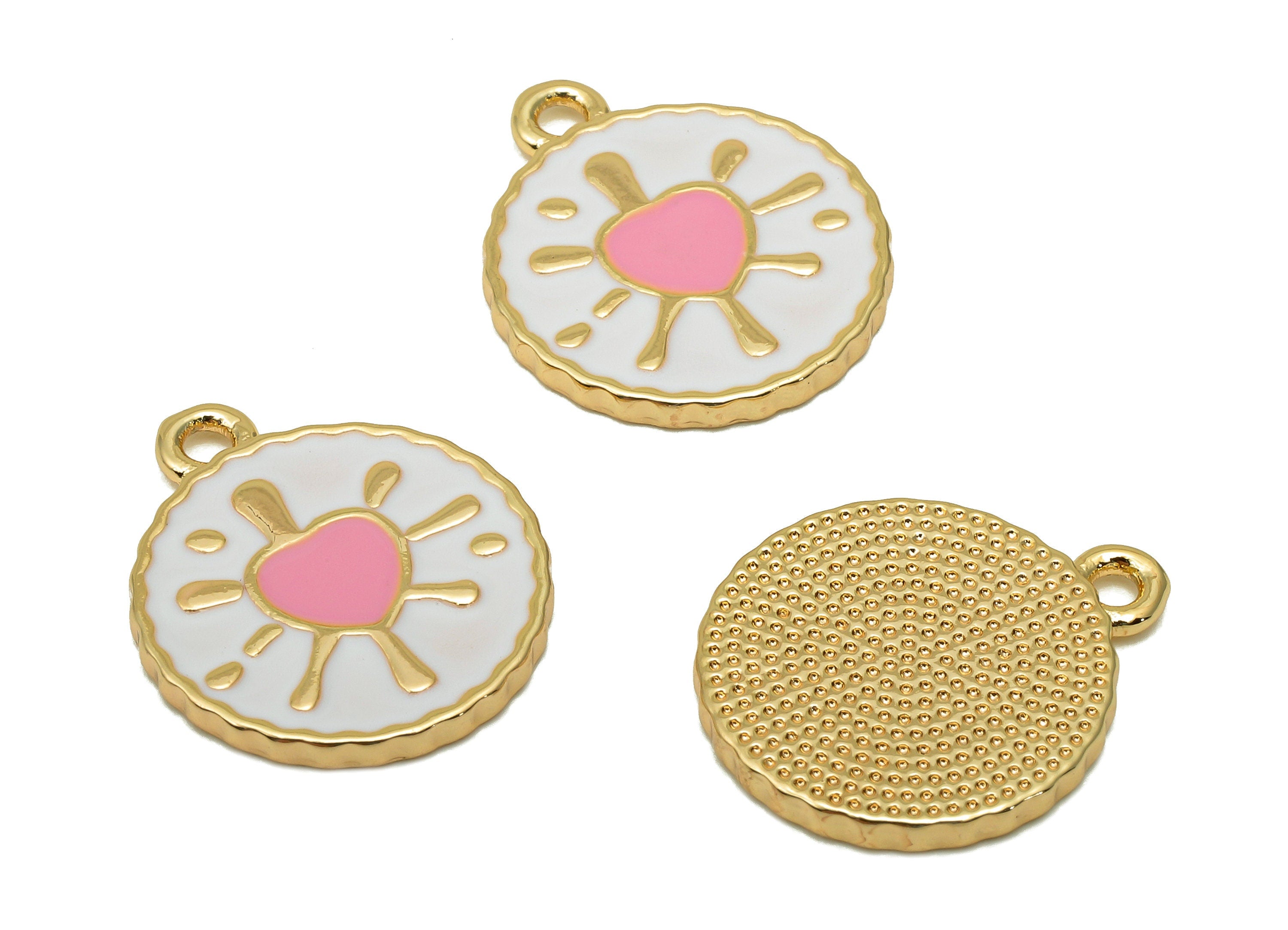 Brass Round Splash Heart Earring - Enamel White & Pink Dot Charm - Spot Pendant With Loop - 18K Real Gold Plating - 18.7x15.9x1.6mm-RGP5651A - DOMEDBAZAAR
