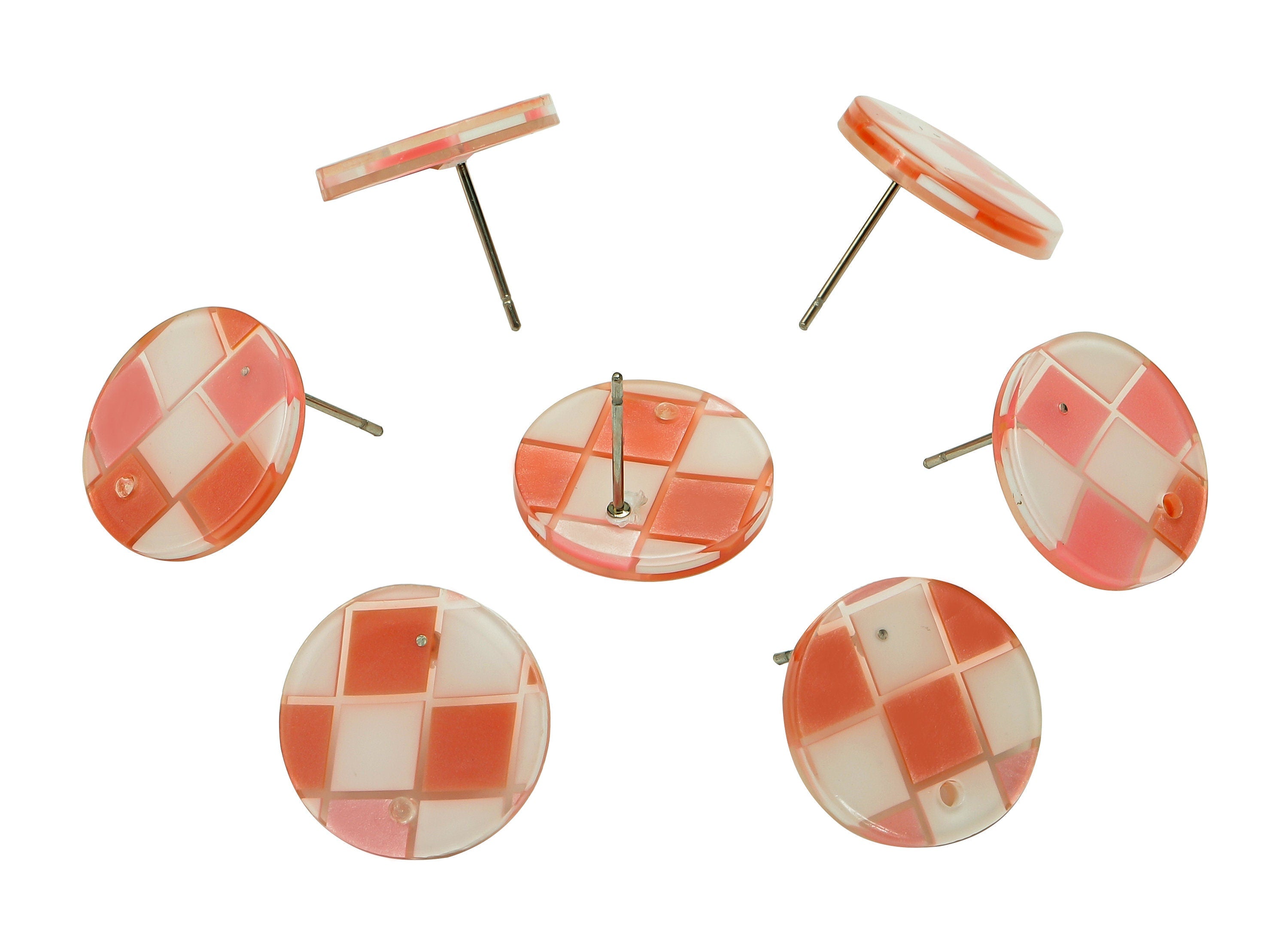 PVC Round Earring Post - Pink & White Checkered Stud Earring With Hole - 316 Stainless Steel - Color Code: A856 - 16x15.9x2.2mm -AC2530-A856 - DOMEDBAZAAR
