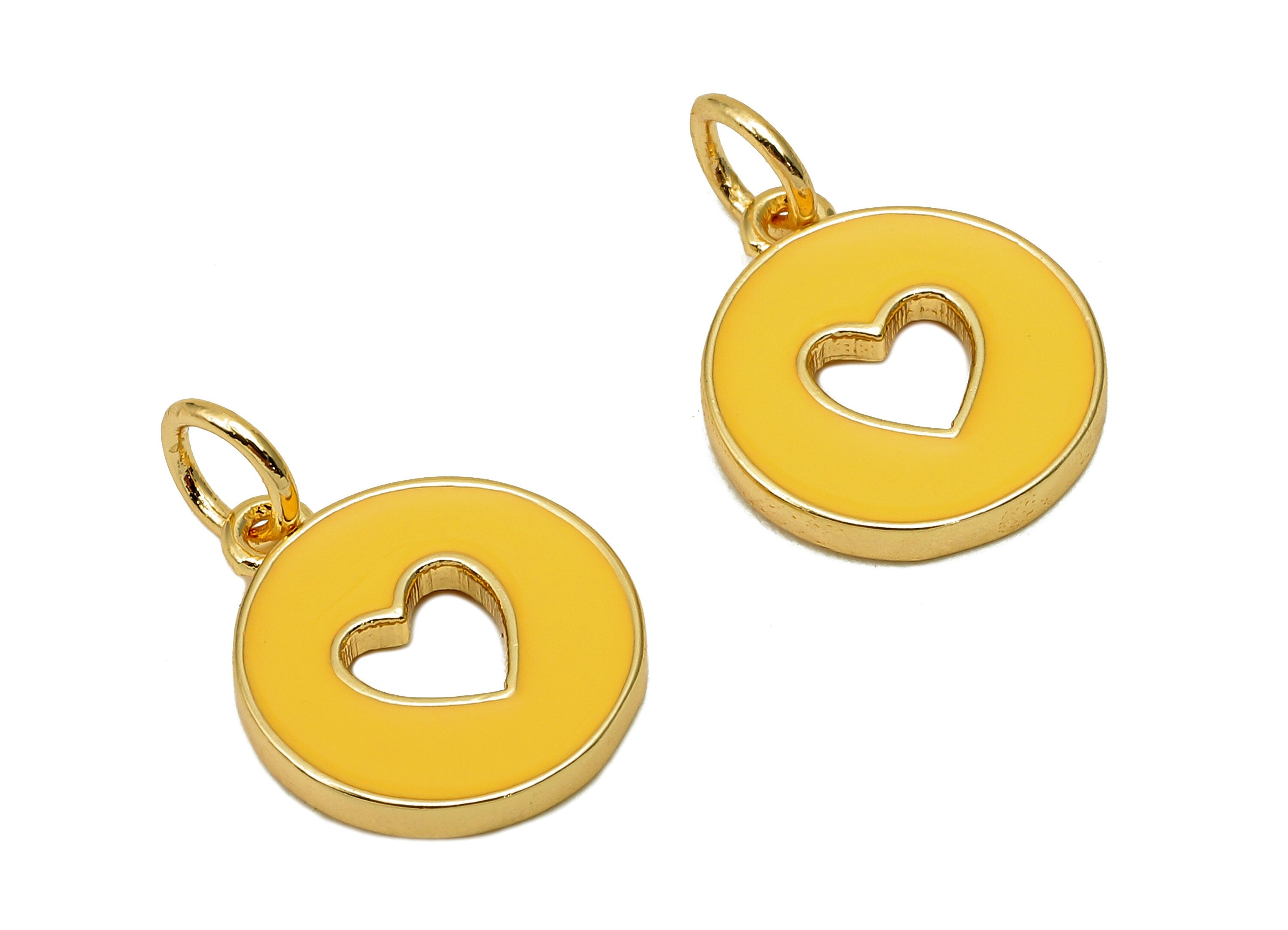 Brass Round Heart Hollow Earring - Enamel Orange Mini Circle Charm - Pendant With Loop - 18K Real Gold Plating - 17.4x11.9x1.6mm - RGP5652A - DOMEDBAZAAR