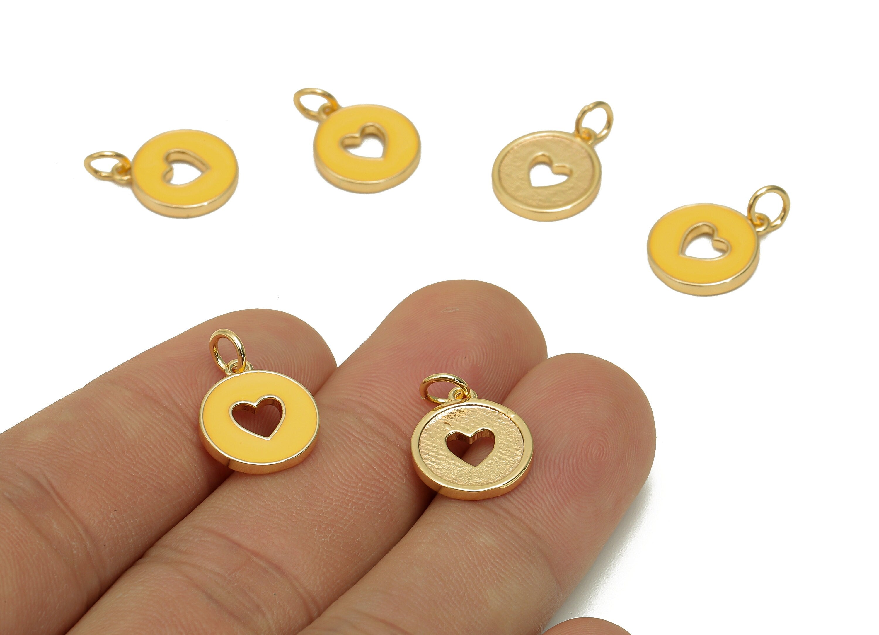 Brass Round Heart Hollow Earring - Enamel Orange Mini Circle Charm - Pendant With Loop - 18K Real Gold Plating - 17.4x11.9x1.6mm - RGP5652A - DOMEDBAZAAR