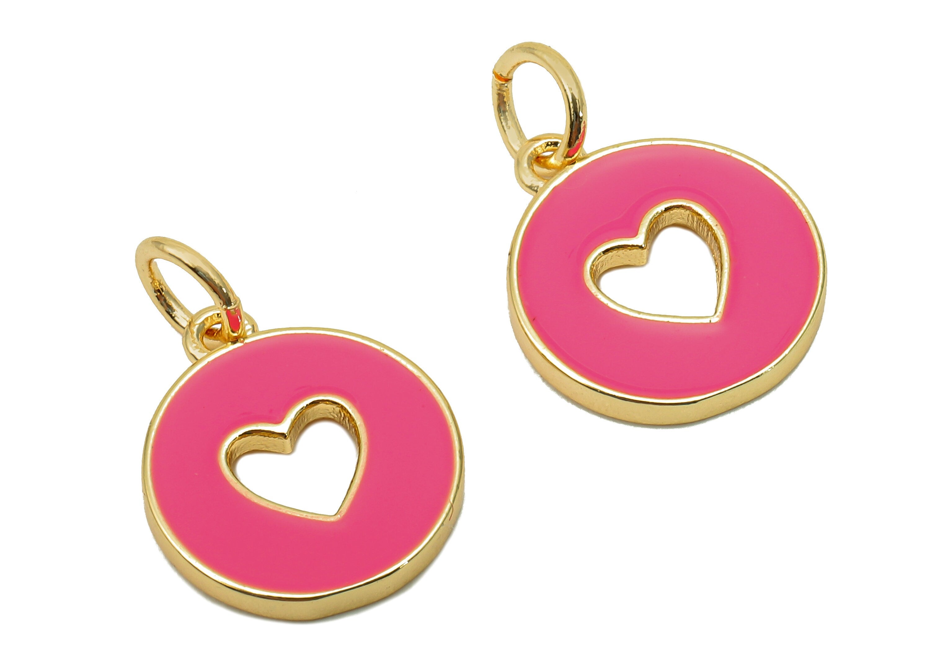 Brass Round Heart Hollow Earring - Enamel Pink Mini Circle Charm - Pendant With Loop - 18K Real Gold Plating - 17.4x11.9x1.6mm - RGP5652B - DOMEDBAZAAR