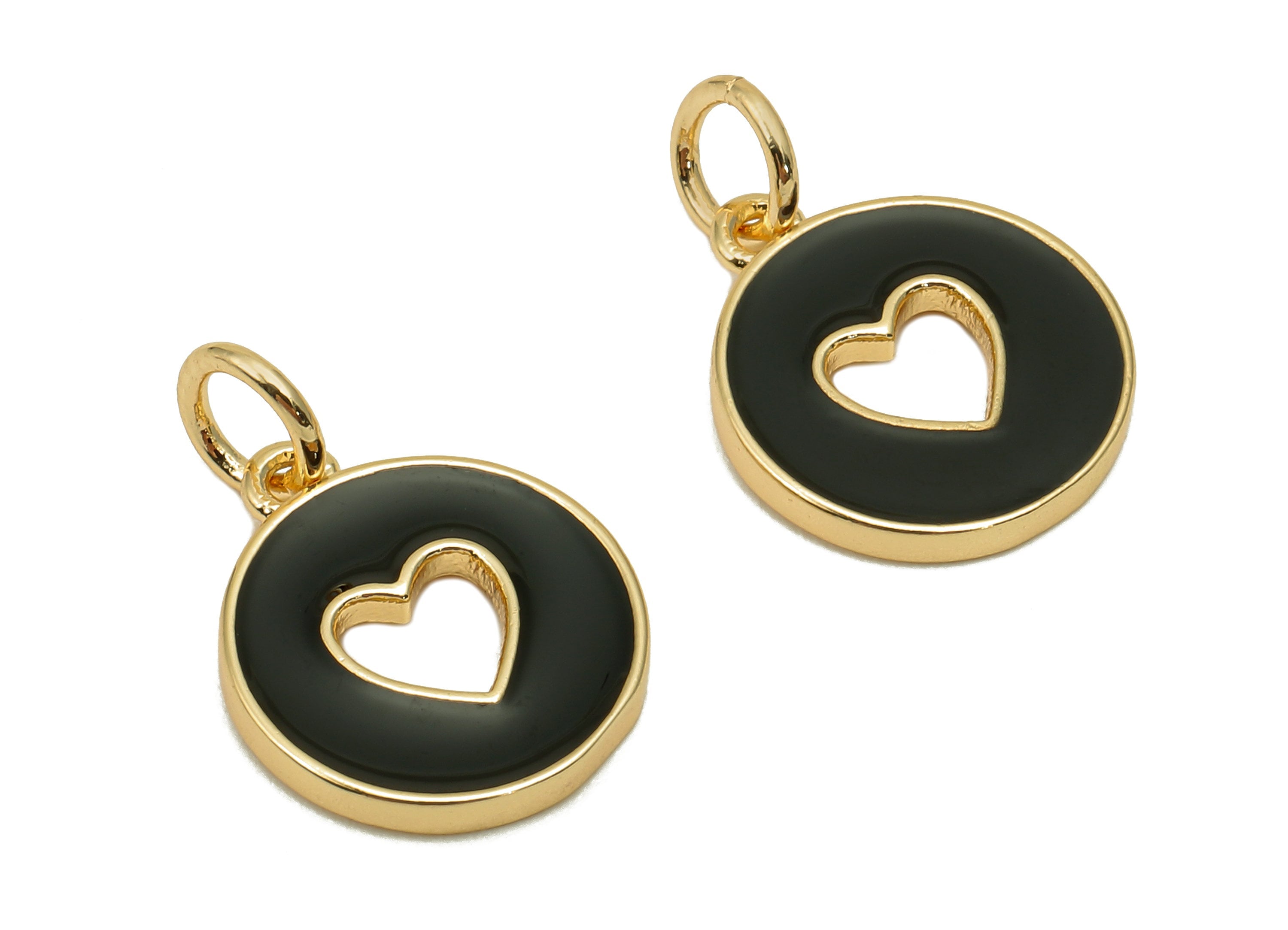 Brass Round Heart Hollow Earring - Enamel Black Mini Circle Charm - Pendant With Loop - 18K Real Gold Plating - 17.4x11.9x1.6mm - RGP5652G - DOMEDBAZAAR