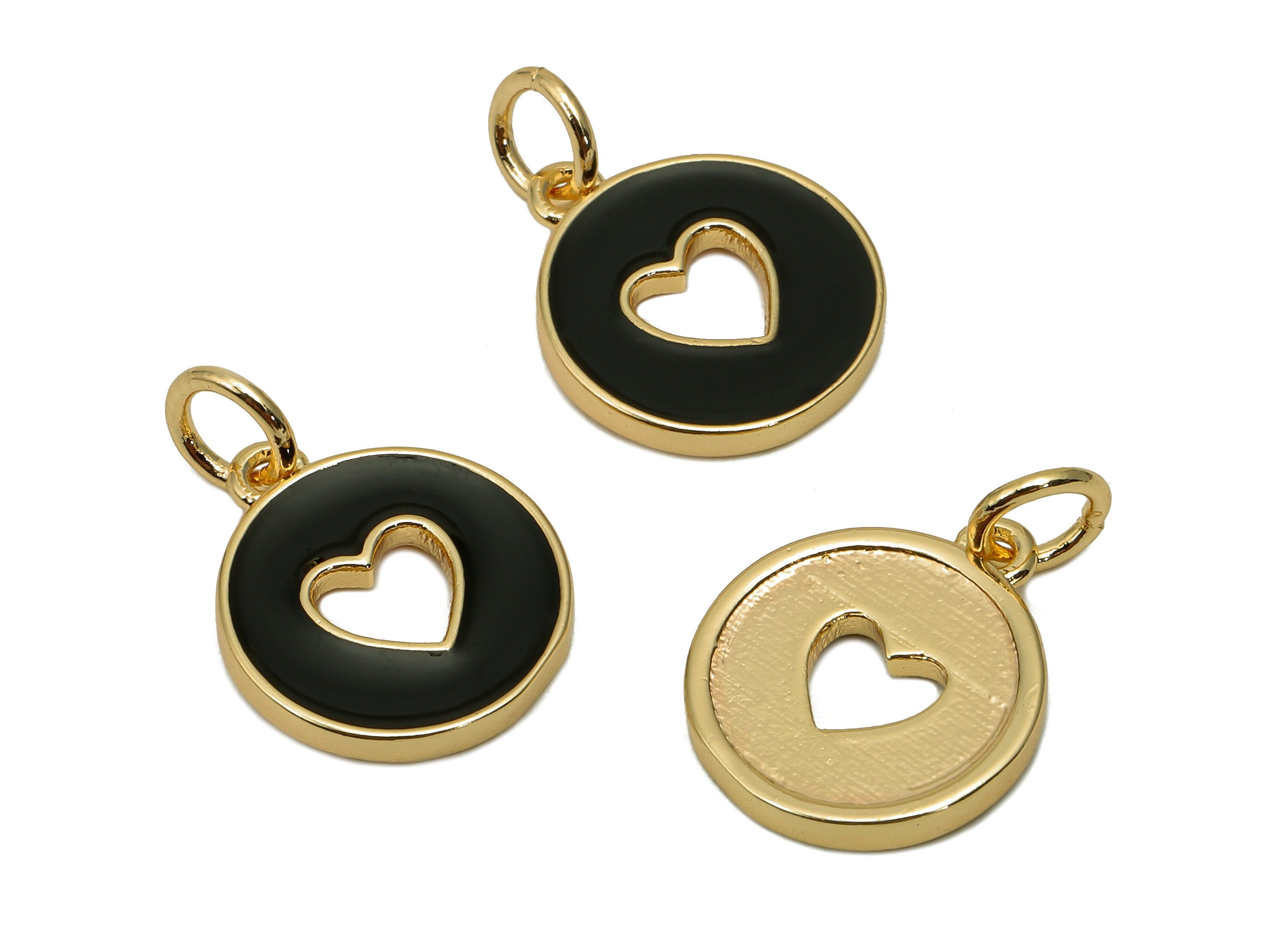Brass Round Heart Hollow Earring - Enamel Black Mini Circle Charm - Pendant With Loop - 18K Real Gold Plating - 17.4x11.9x1.6mm - RGP5652G - DOMEDBAZAAR