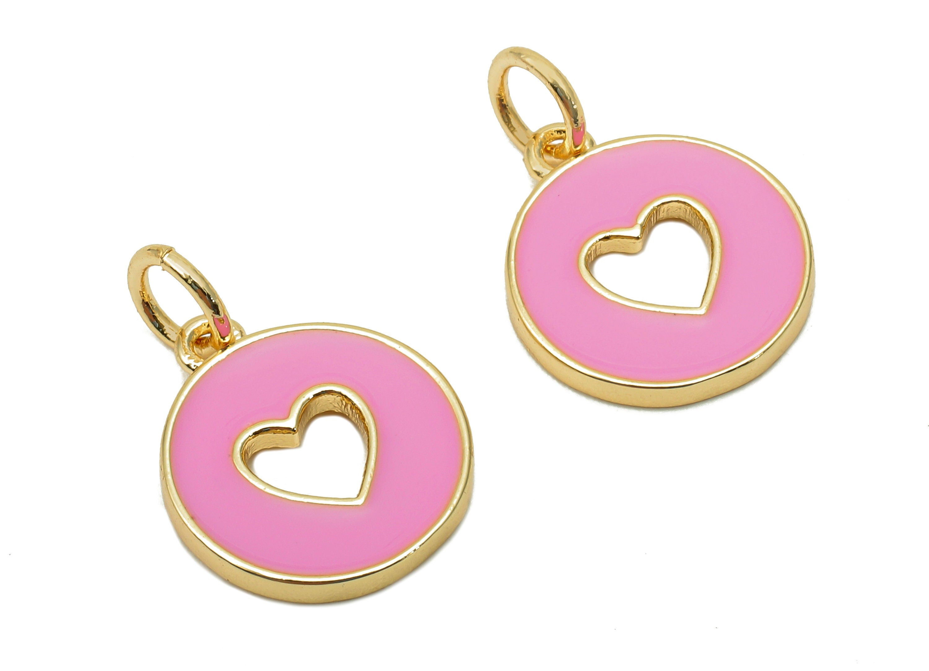 Brass Round Heart Hollow Earring - Enamel Light Pink Circle Charm - Pendant With Loop - 18K Real Gold Plating - 17.4x11.9x1.6mm - RGP5652J - DOMEDBAZAAR
