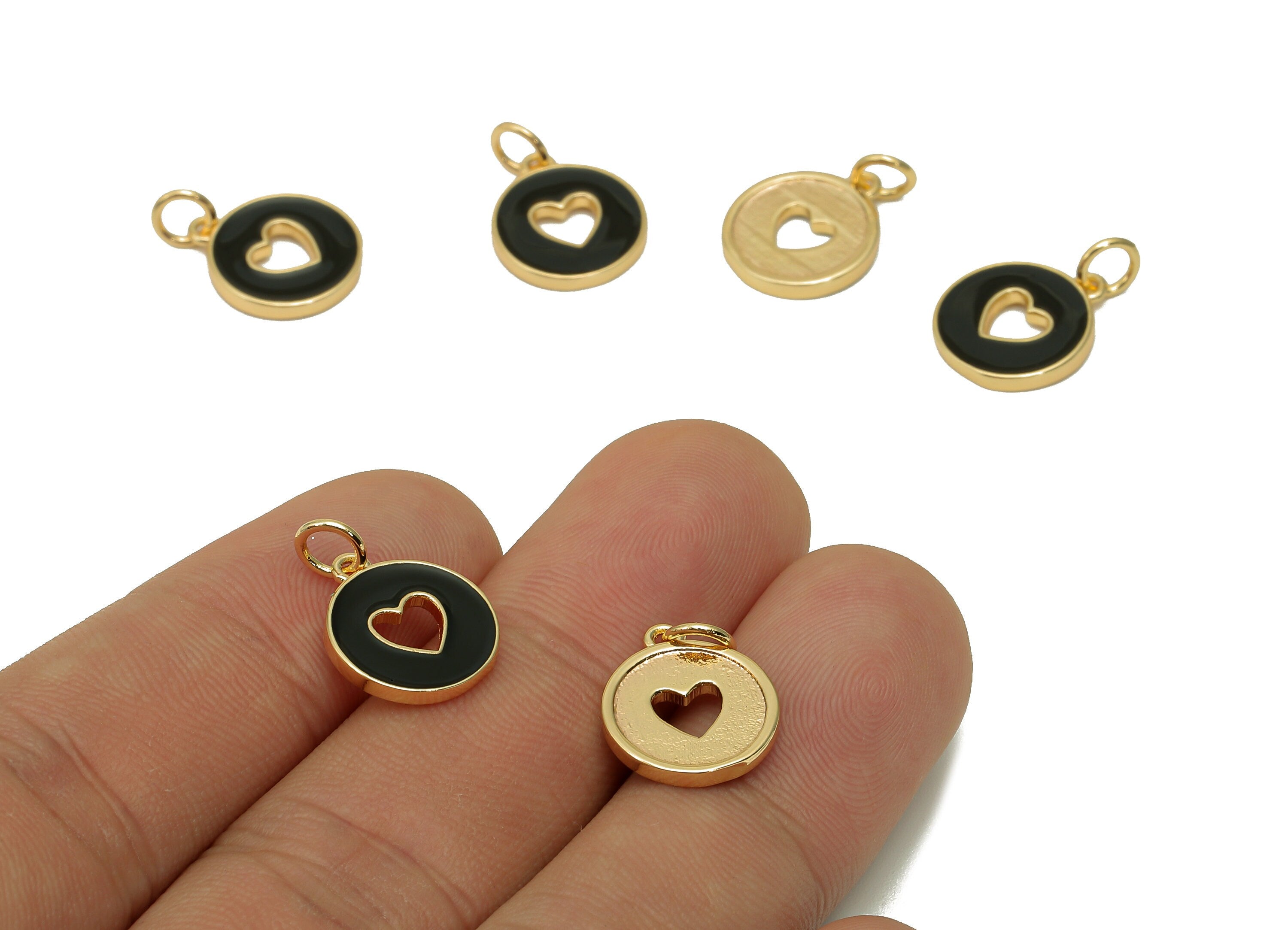 Brass Round Heart Hollow Earring - Enamel Black Mini Circle Charm - Pendant With Loop - 18K Real Gold Plating - 17.4x11.9x1.6mm - RGP5652G - DOMEDBAZAAR