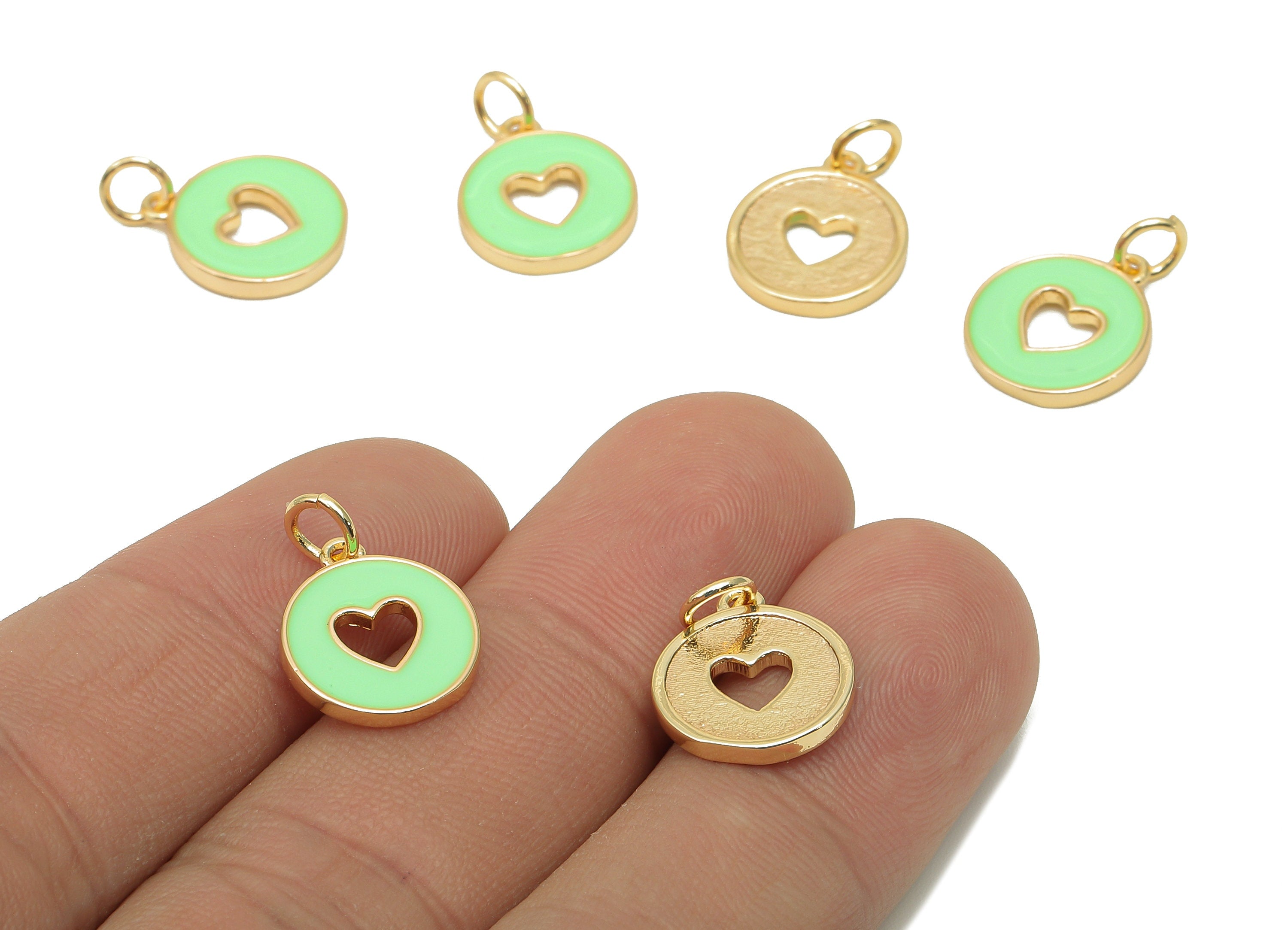 Brass Round Heart Hollow Earring - Enamel Light Green Circle Charm - Pendant With Loop - 18K Real Gold Plating - 17.4x11.9x1.6mm - RGP5652F - DOMEDBAZAAR
