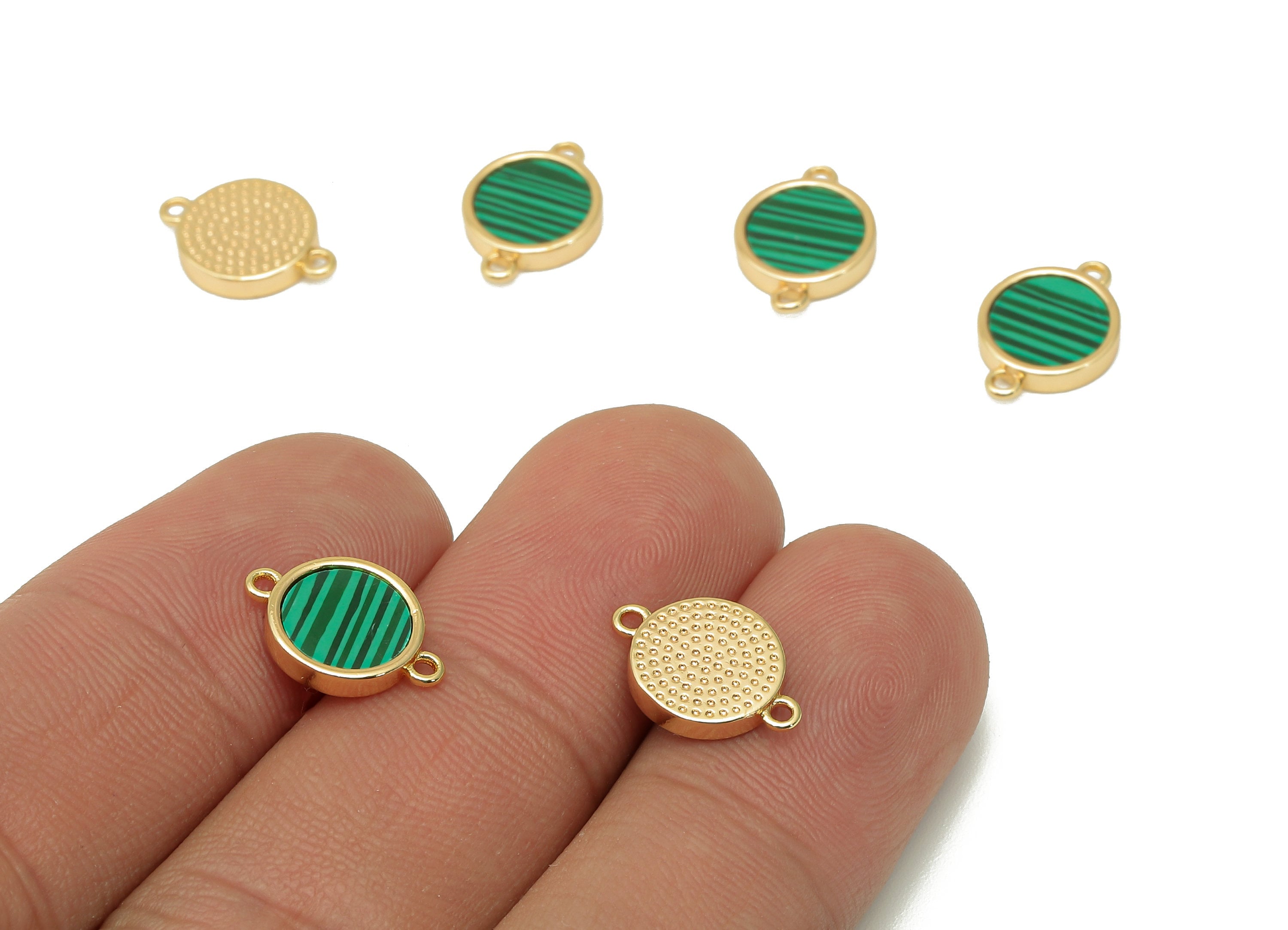 Brass Mini Round Dot Connector - Synthetic Stone Green Earring - Pendant With Loops - For Bracelet - 18K Real Gold Plating-13x9x2mm-RGP5653B - DOMEDBAZAAR