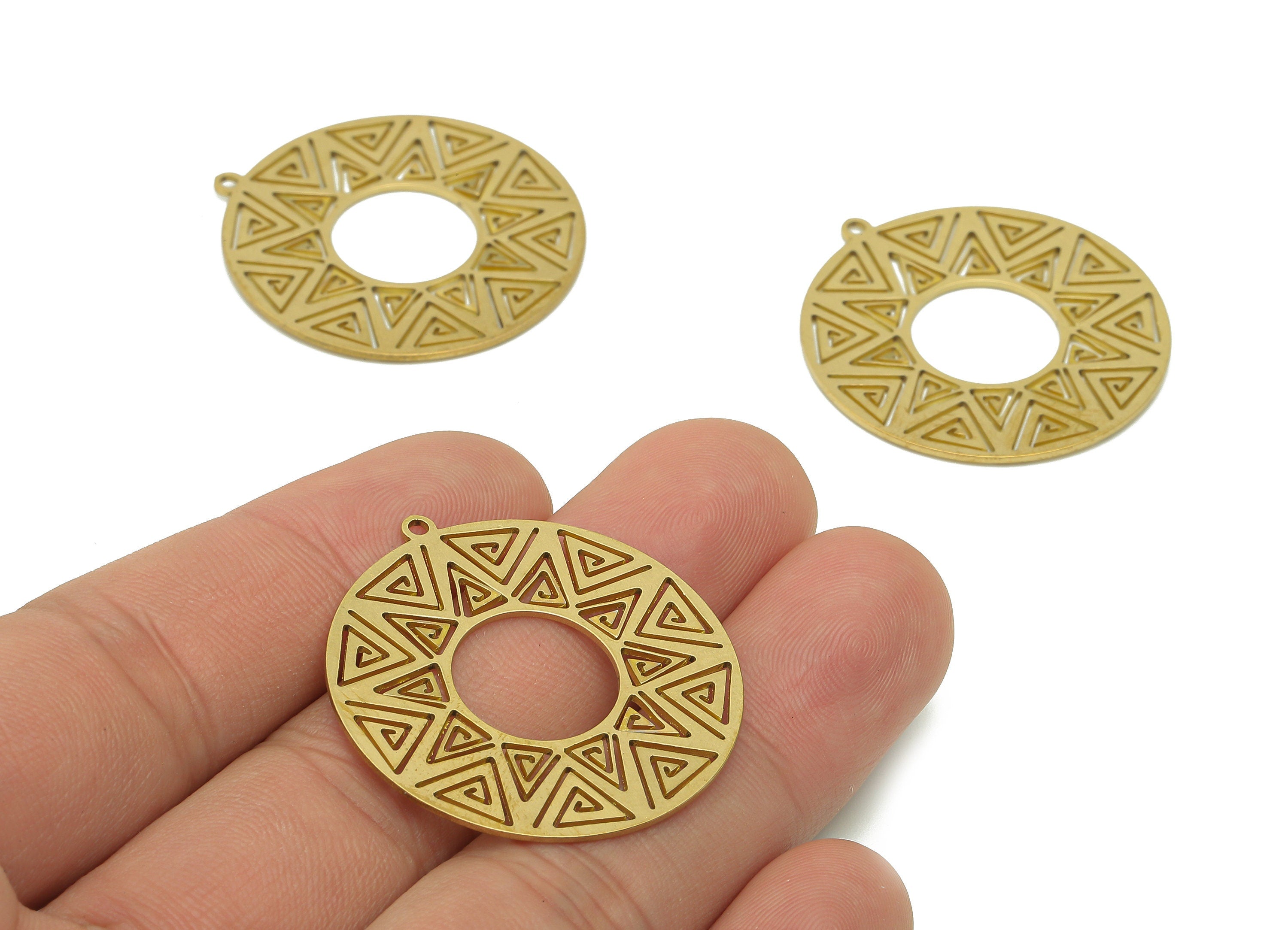 Brass Round Pyramids Earring Charms - Raw Brass Circle Cutout Earring - Pendant With Loop - Charm For Necklace - 34.8x32.5x0.7mm - PPA6546 - DOMEDBAZAAR