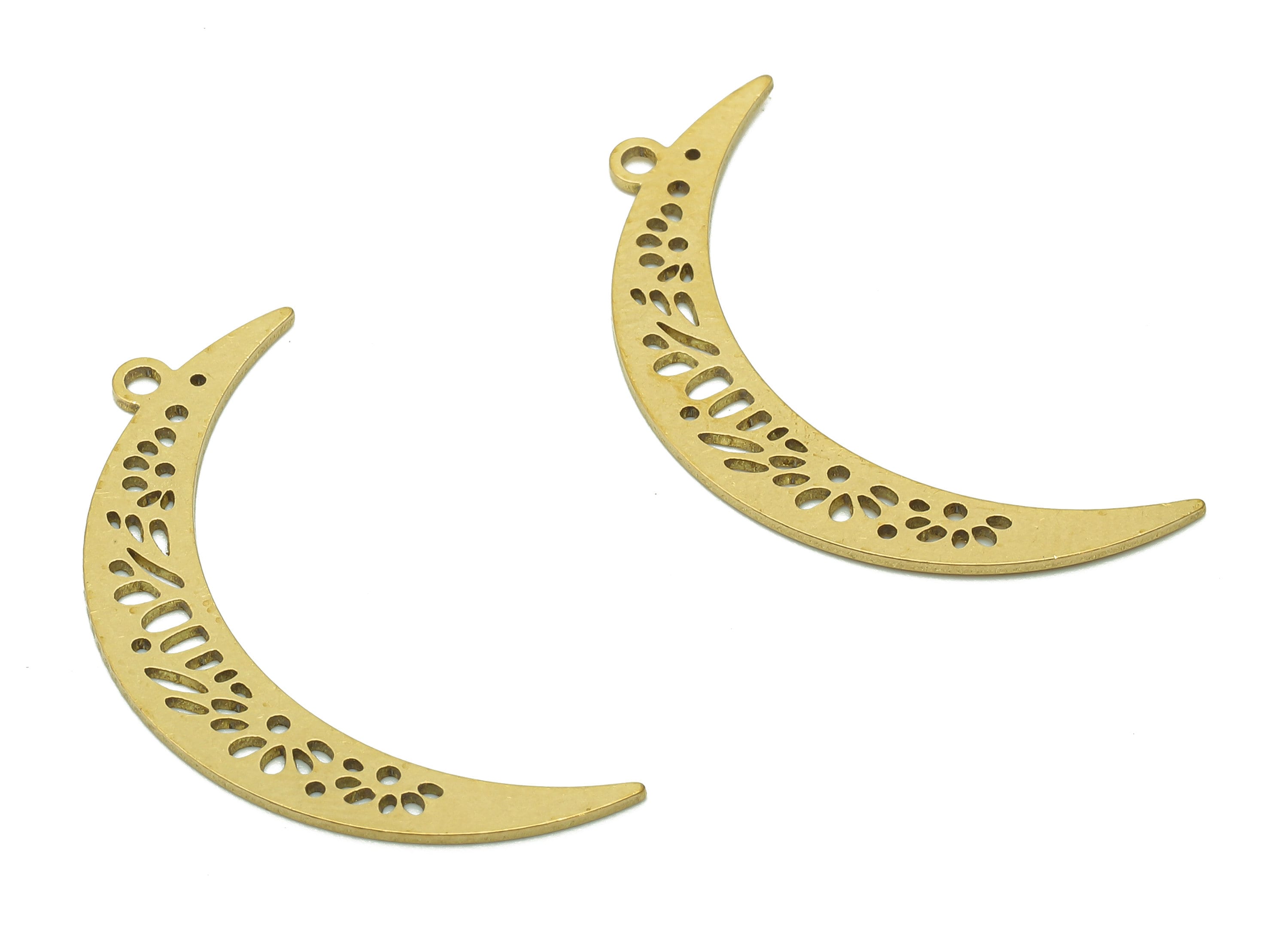 Brass Crescent Earring Charm - Raw Brass The Moon Pendant - Flower Hollow Earring With Loop - Charm For Necklace - 32.8x5.7x0.7mm - PPA6571 - DOMEDBAZAAR