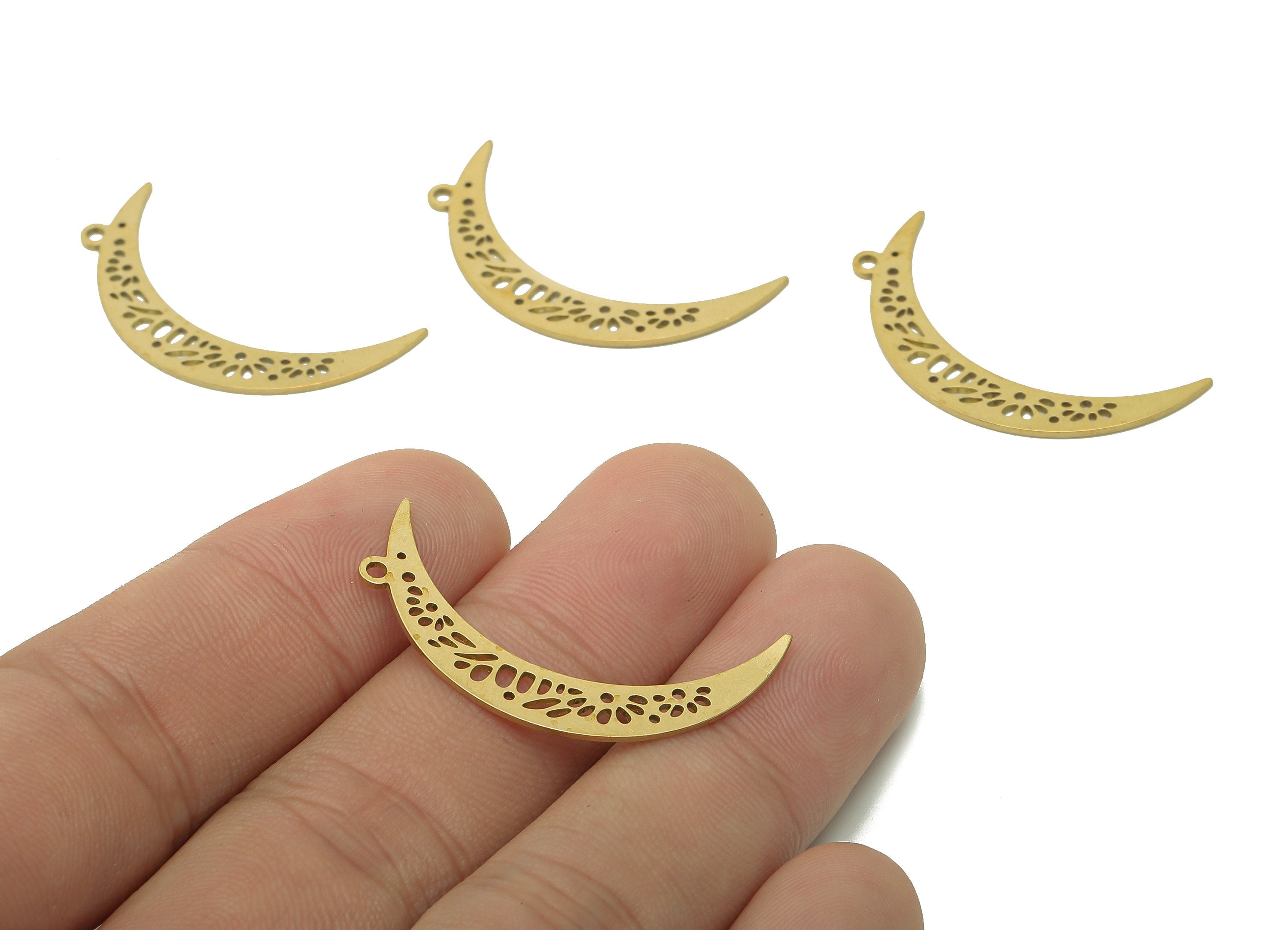 Brass Crescent Earring Charm - Raw Brass The Moon Pendant - Flower Hollow Earring With Loop - Charm For Necklace - 32.8x5.7x0.7mm - PPA6571 - DOMEDBAZAAR