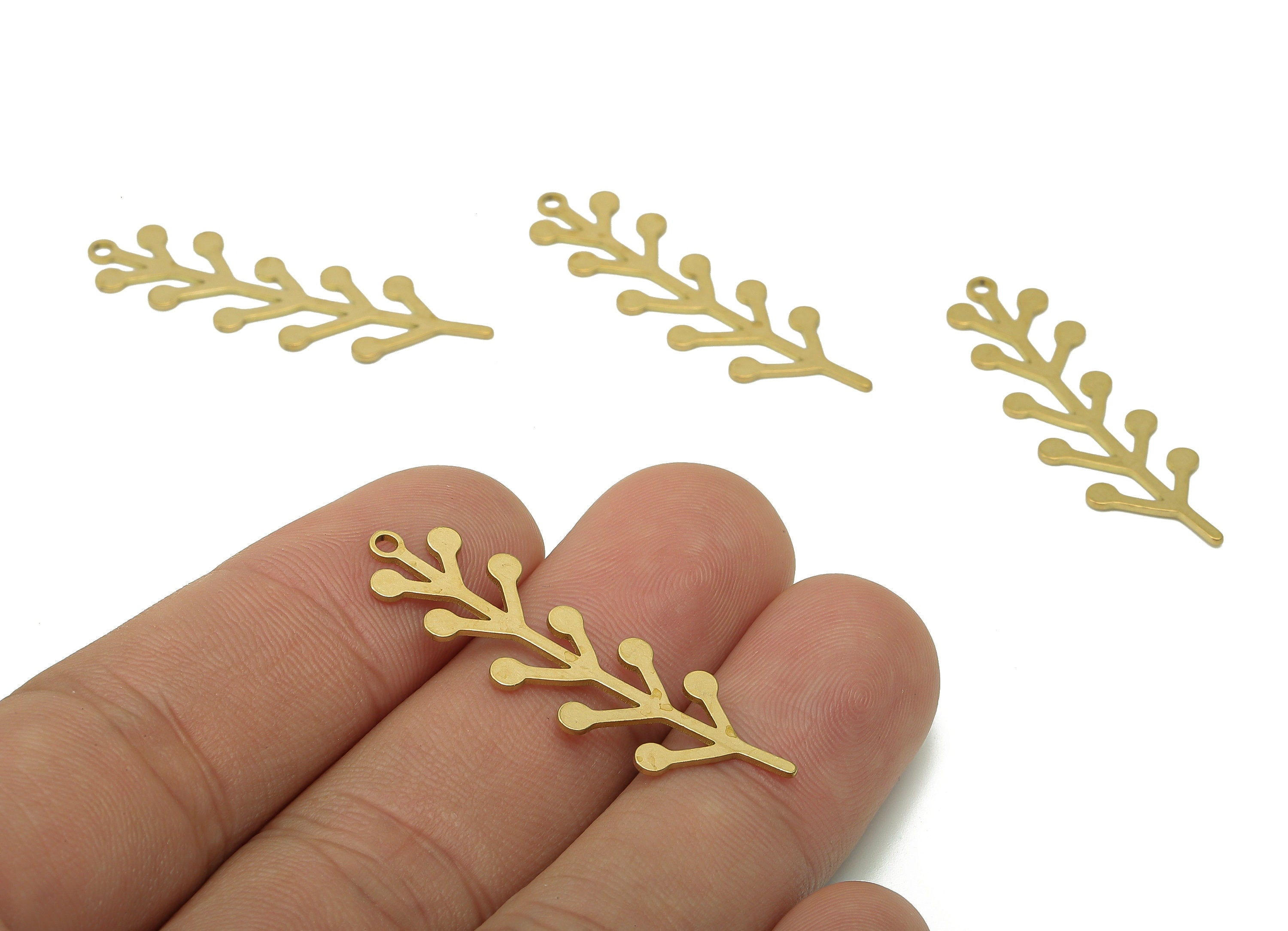 Brass Flower Earring Charms - Raw Brass Flower Earring - Branch Pendant With Loop - Botanical Charm For Necklace - 37.7x10.9x0.7mm - PPA6591 - DOMEDBAZAAR