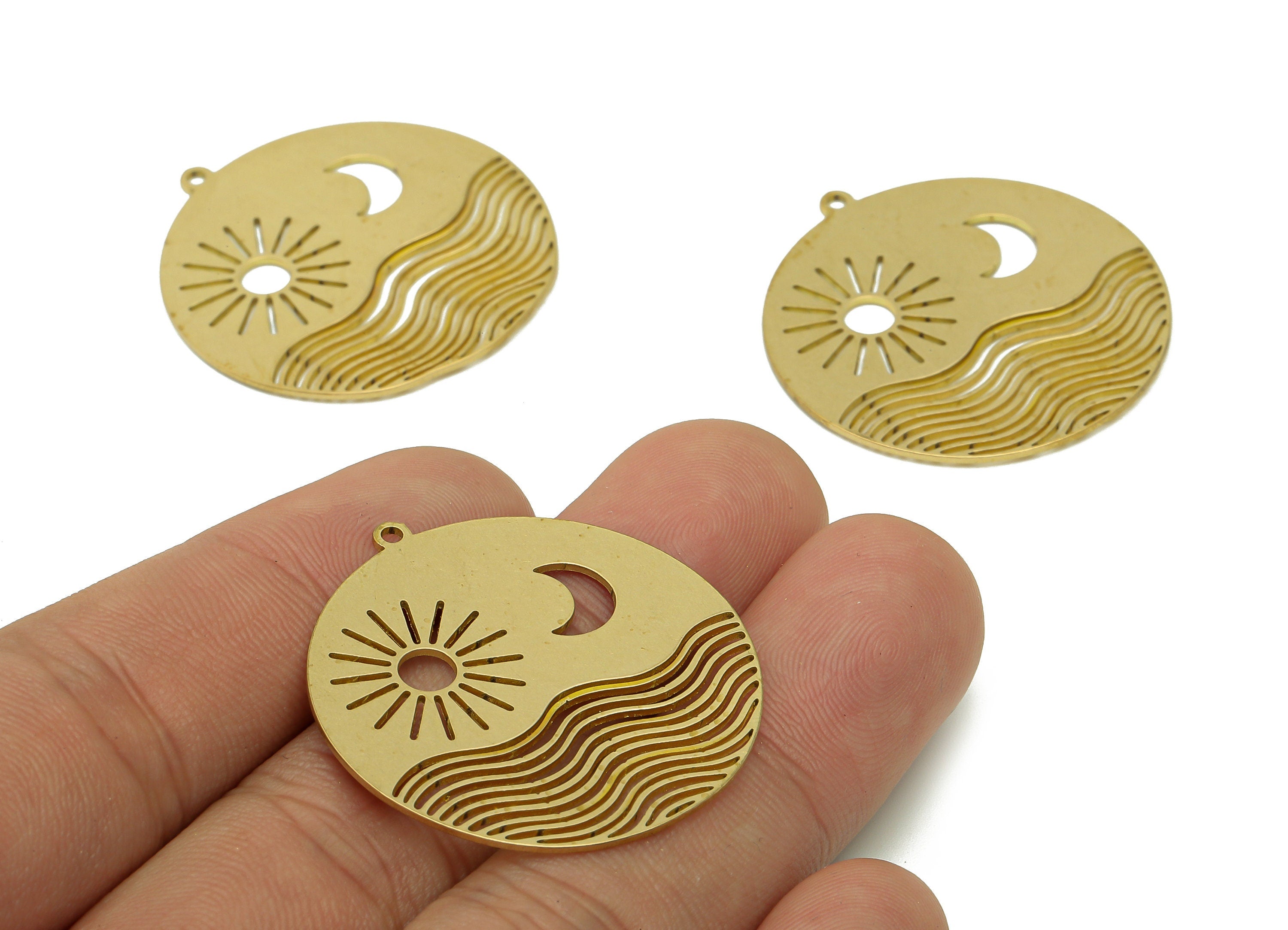 Brass Round Landscape Earring Charm - Raw Brass Circle Sun Earring - Crescent Sea Pendant With Loop - For Necklace - 34.7x32.6x0.7mm-PPA6609 - DOMEDBAZAAR