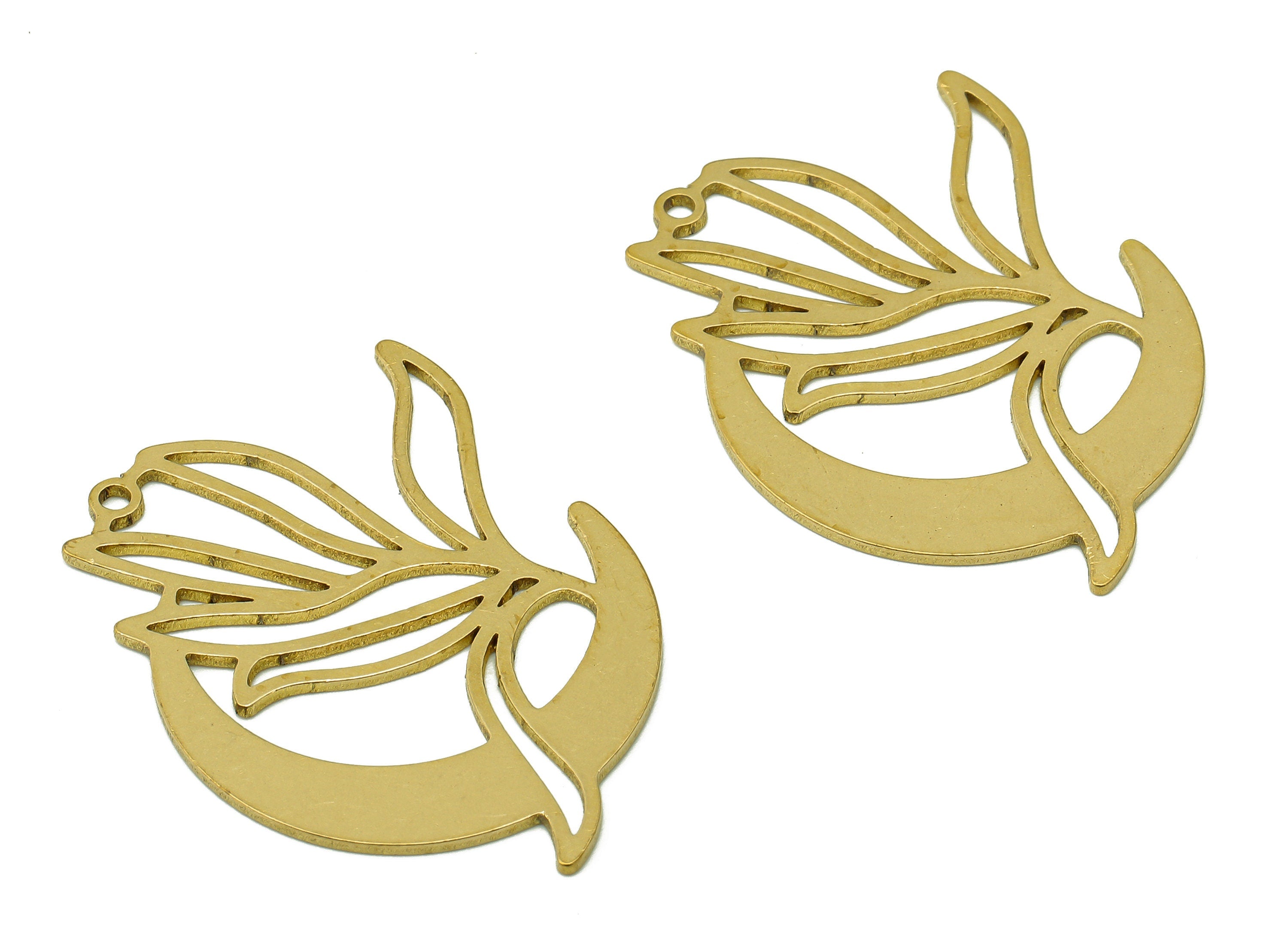 Brass Crescent Flower Pendant - Raw Brass The Moon Earring Charm - Earring With Loop - Moon Charm For Necklace - 33.9x24.7x0.8mm - PPA6619 - DOMEDBAZAAR