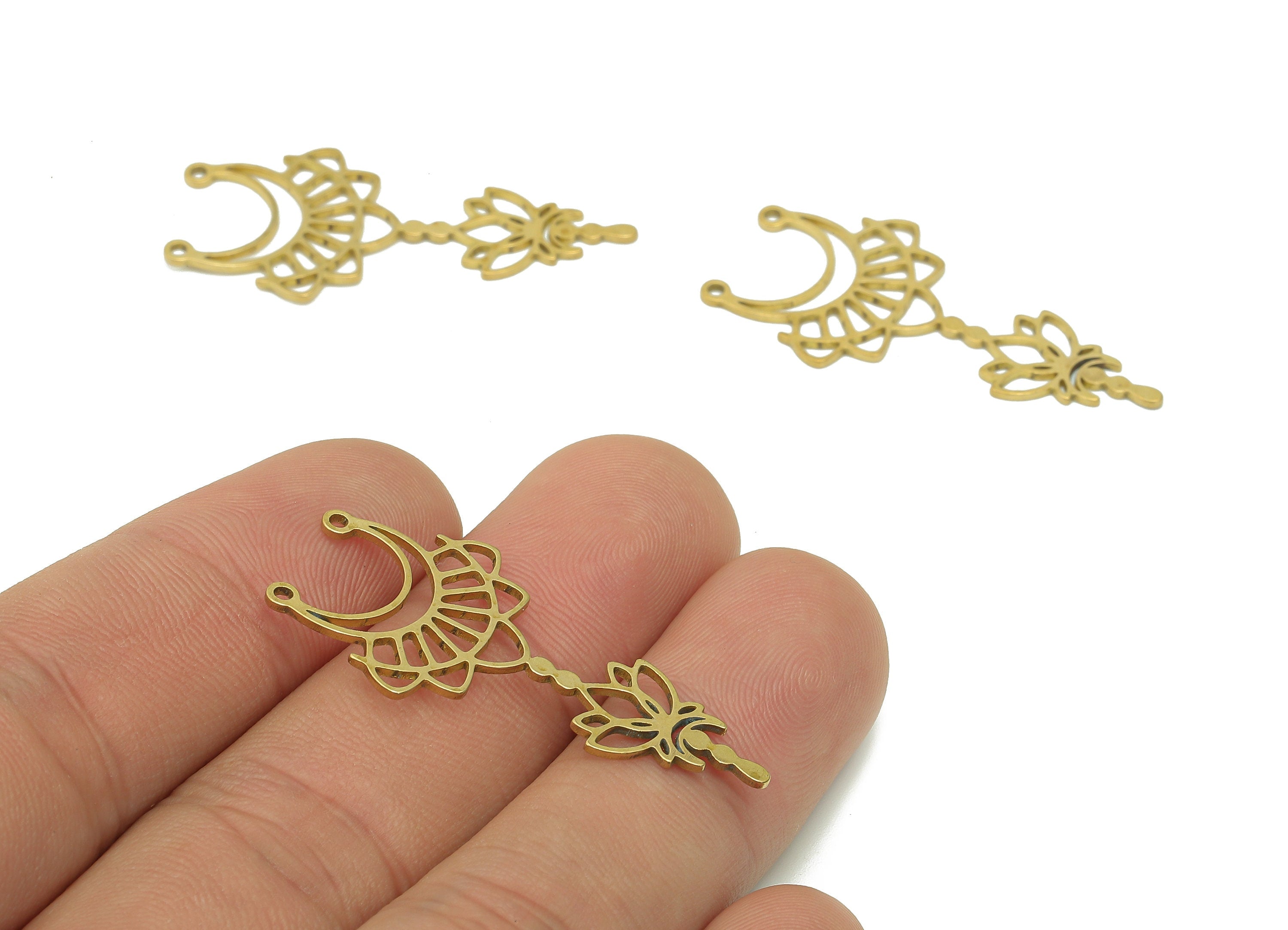 Brass Flower Lotus Connector - Raw Brass Crescent Cutout Earring - Flower Pendant With 2 Loops - Earring Charms - 37.9x18x0.8mm - PPA6630 - DOMEDBAZAAR