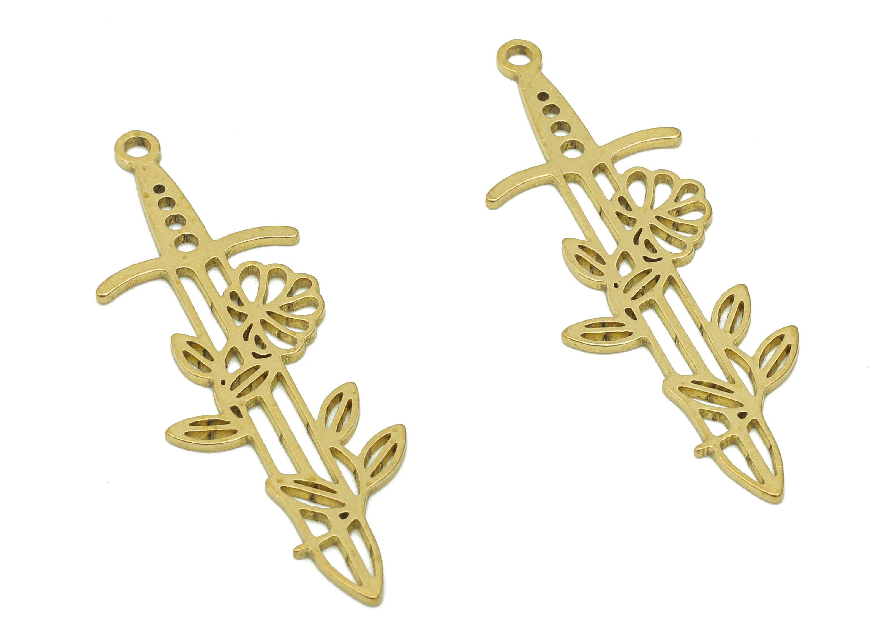 Brass Creeper Sword Earring Charm - Raw Brass Flower Cutout Earring - Leaves Pendant With Loop - Round Hollow Charm -39.9x13.4x0.8mm-PPA6664 - DOMEDBAZAAR