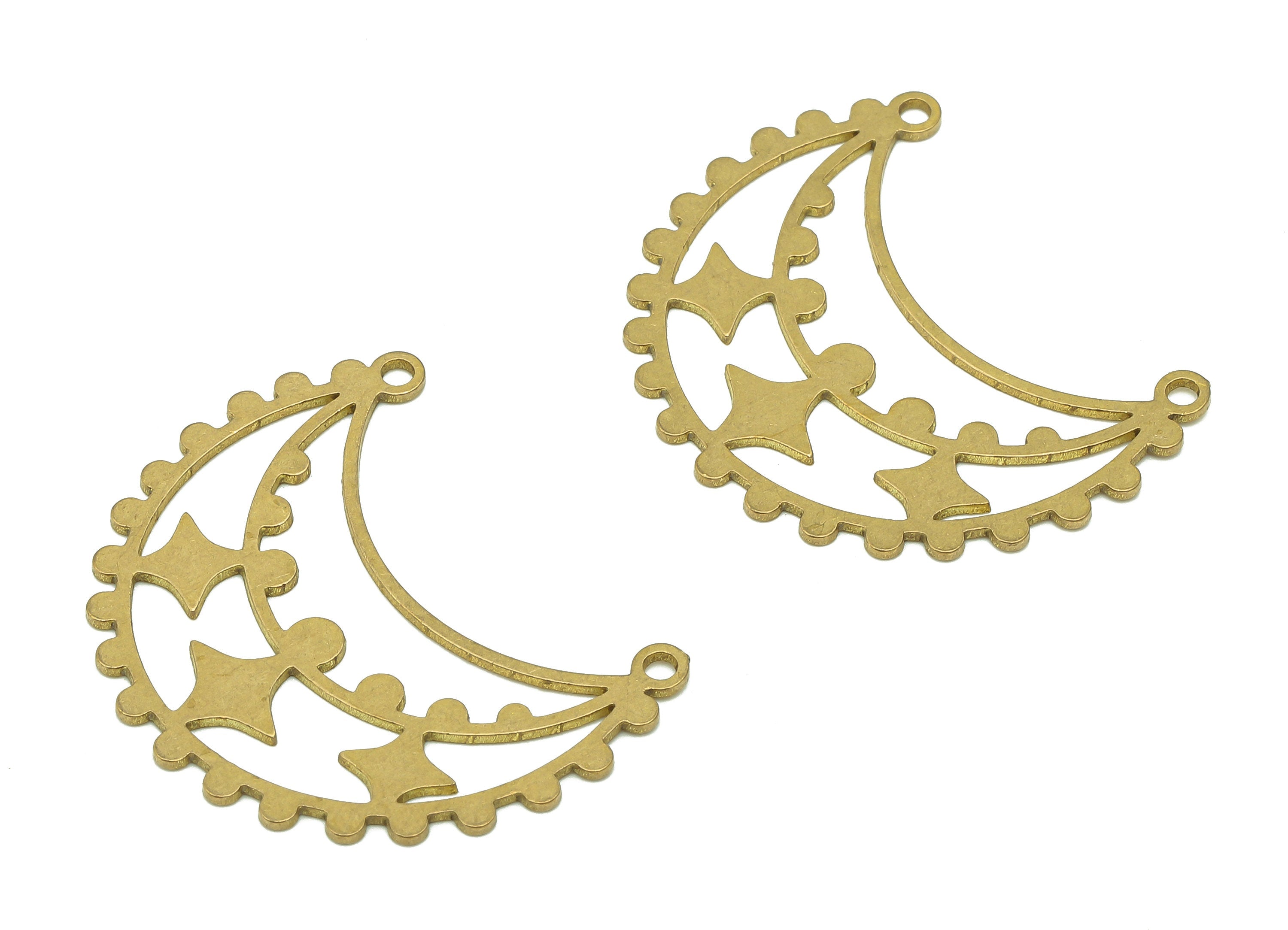 Brass Crescent Earring Connector - Raw Brass Moon Pendant - Hollow Earring With 2 Loops - Star Charm For Necklace - 29.8x24.2x0.7mm -PPA6665 - DOMEDBAZAAR