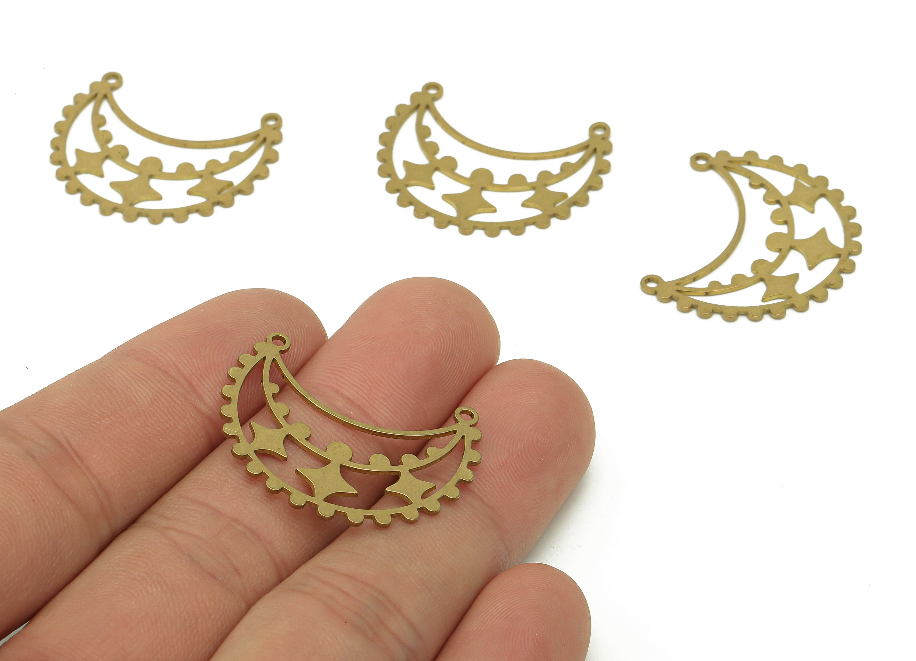 Brass Crescent Earring Connector - Raw Brass Moon Pendant - Hollow Earring With 2 Loops - Star Charm For Necklace - 29.8x24.2x0.7mm -PPA6665 - DOMEDBAZAAR