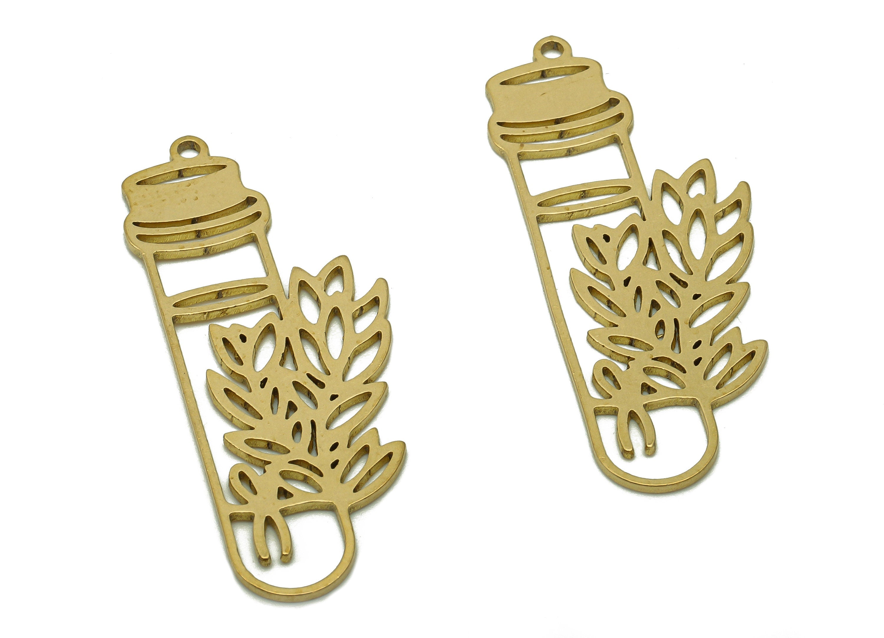 Brass Flower Pot Earring - Raw Brass Hanging Flower Earring - Botanical Bottle Pendant With Loop - Jardiniere Charm -38.9x15.3x0.8mm-PPA6668 - DOMEDBAZAAR