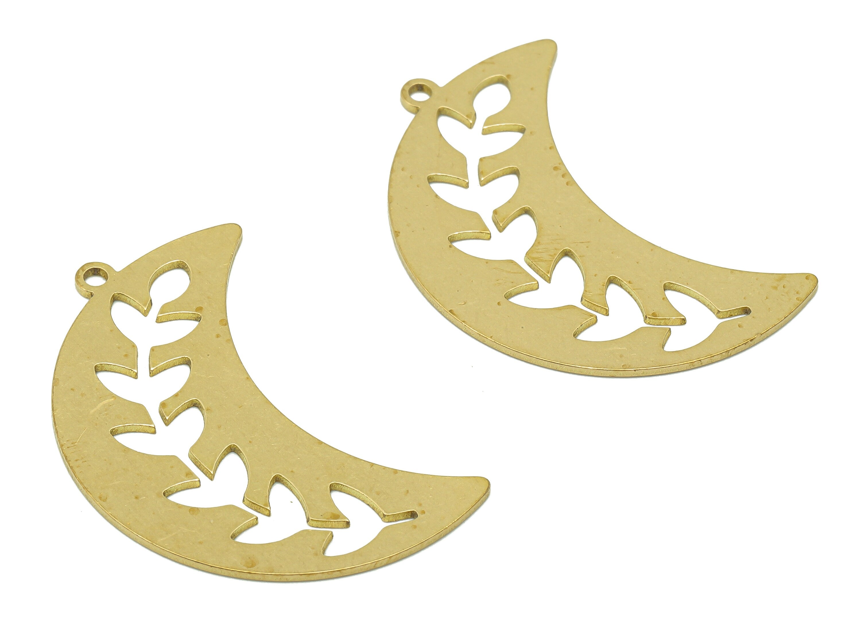 Brass Crescent Leaf Earring Charm - Raw Brass The Moon Pendant - Flower Earring With Loop - Branch Charm - 32.9x14.2x0.7mm - PPA6744 - DOMEDBAZAAR
