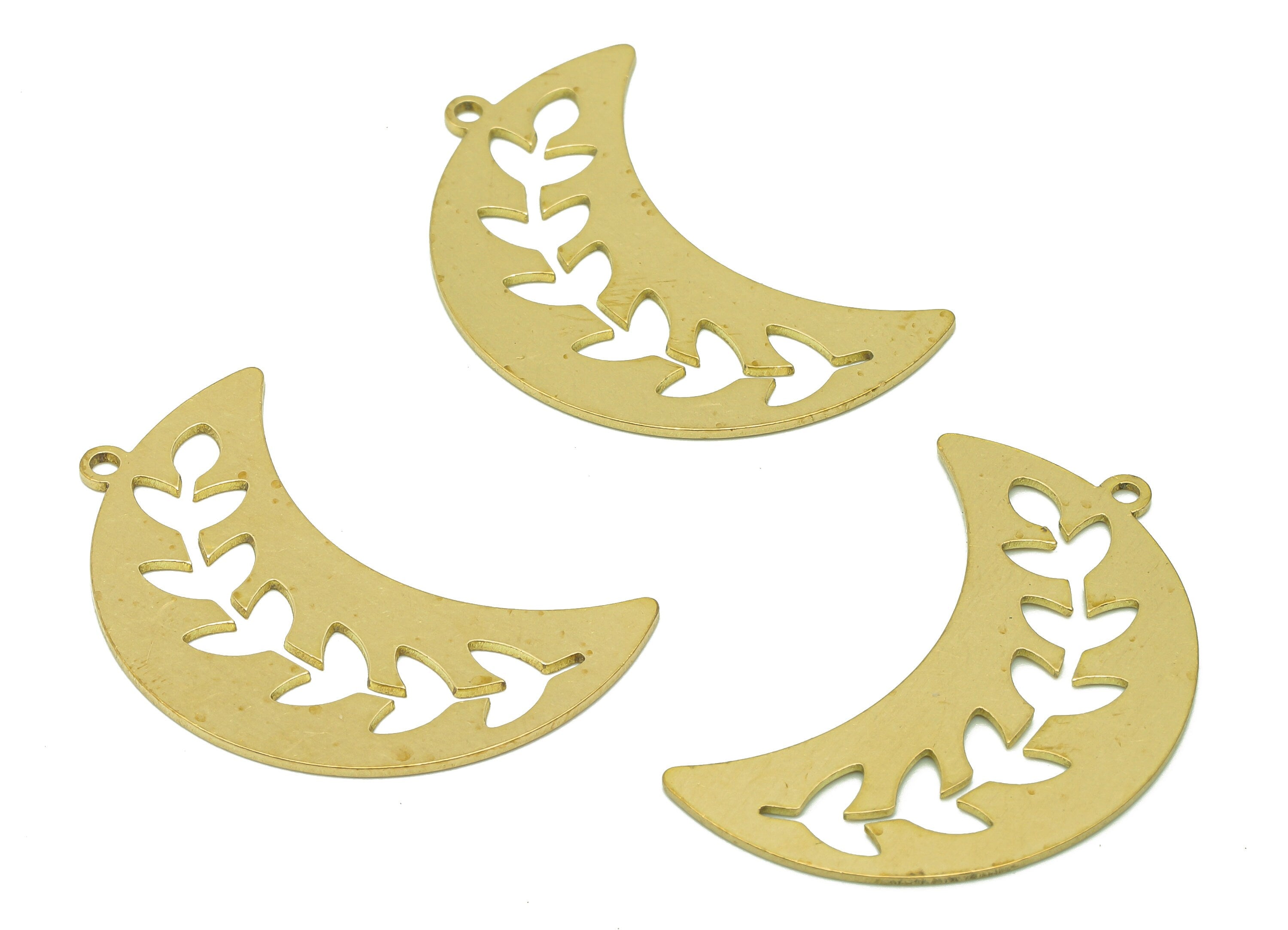 Brass Crescent Leaf Earring Charm - Raw Brass The Moon Pendant - Flower Earring With Loop - Branch Charm - 32.9x14.2x0.7mm - PPA6744 - DOMEDBAZAAR