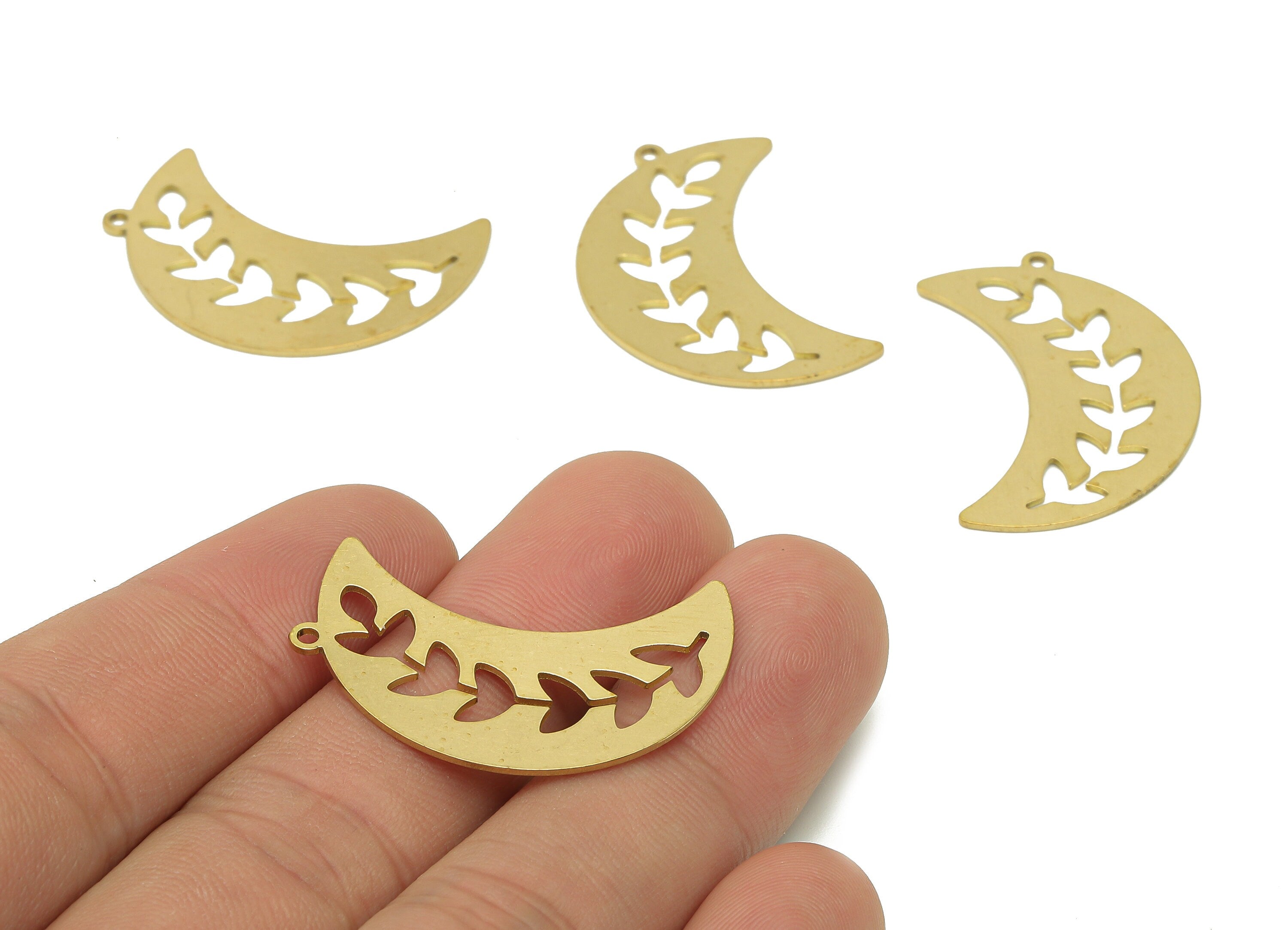 Brass Crescent Leaf Earring Charm - Raw Brass The Moon Pendant - Flower Earring With Loop - Branch Charm - 32.9x14.2x0.7mm - PPA6744 - DOMEDBAZAAR