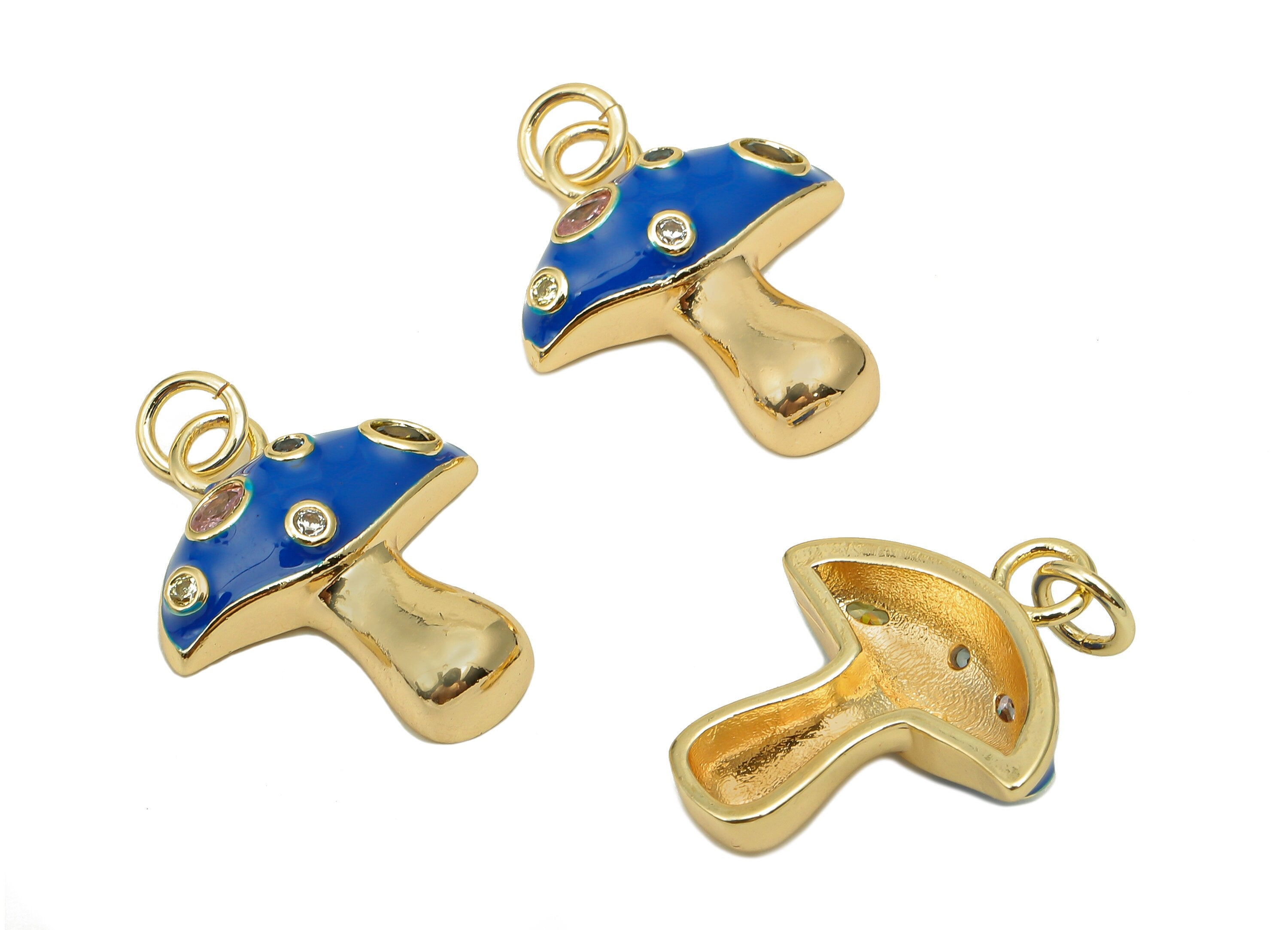 Brass Enamel Mushroom Pendant - Zircon Navy Fungus Earring Charm - Necklace Charm With Loop - 18K Real Gold Plating - 23x16.9x1.5mm-RGP5662A - DOMEDBAZAAR