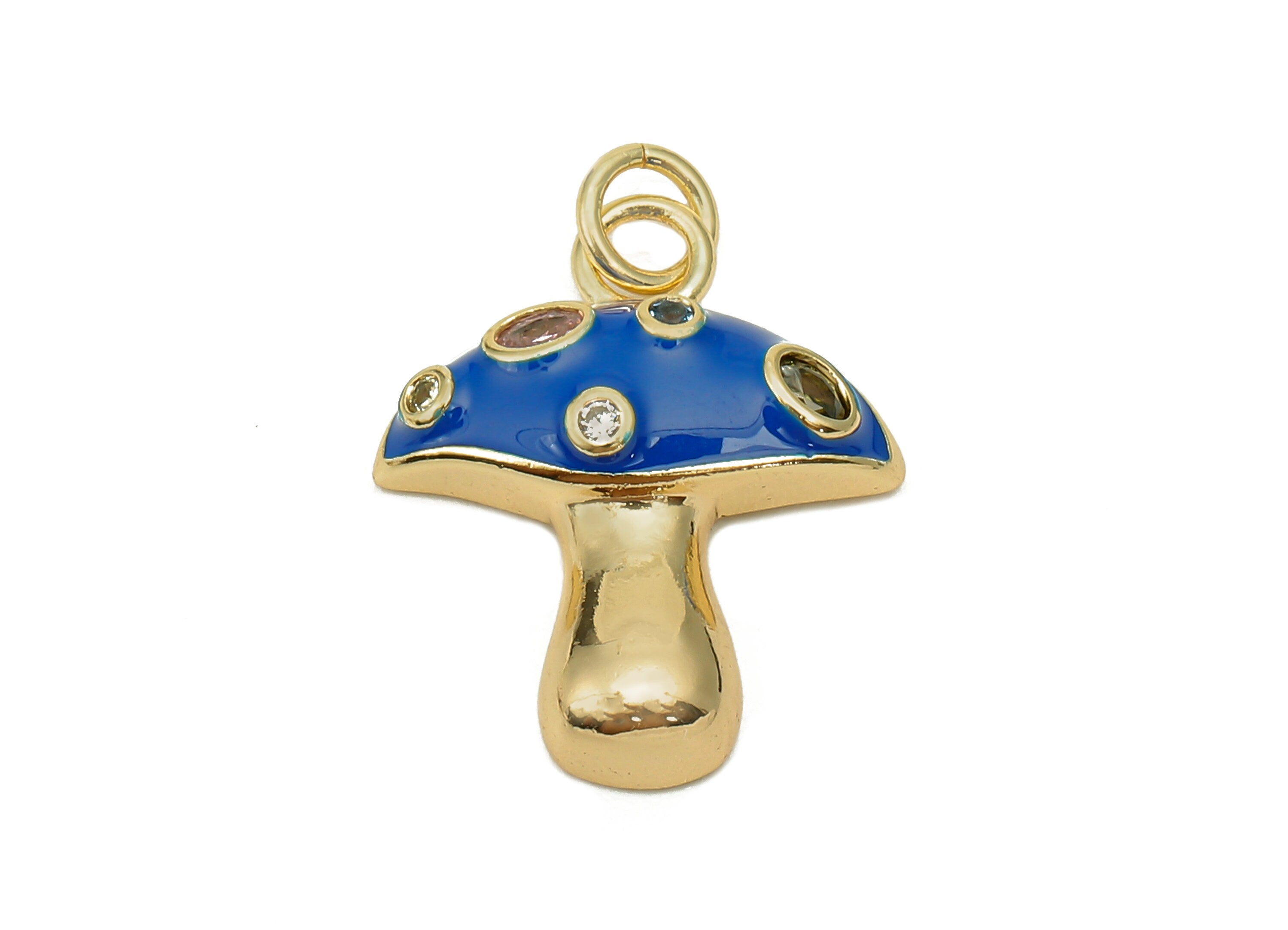 Brass Enamel Mushroom Pendant - Zircon Navy Fungus Earring Charm - Necklace Charm With Loop - 18K Real Gold Plating - 23x16.9x1.5mm-RGP5662A - DOMEDBAZAAR