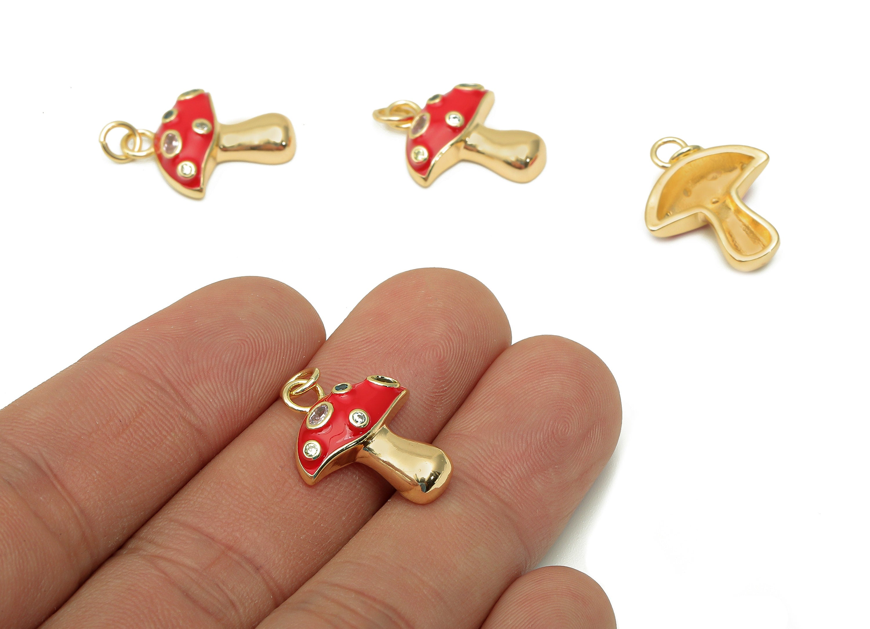 Brass Enamel Mushroom Pendant - Zircon Red Fungus Earring Charm - Necklace Charm With Loop - 18K Real Gold Plating - 23x16.9x1.5mm -RGP5662B - DOMEDBAZAAR
